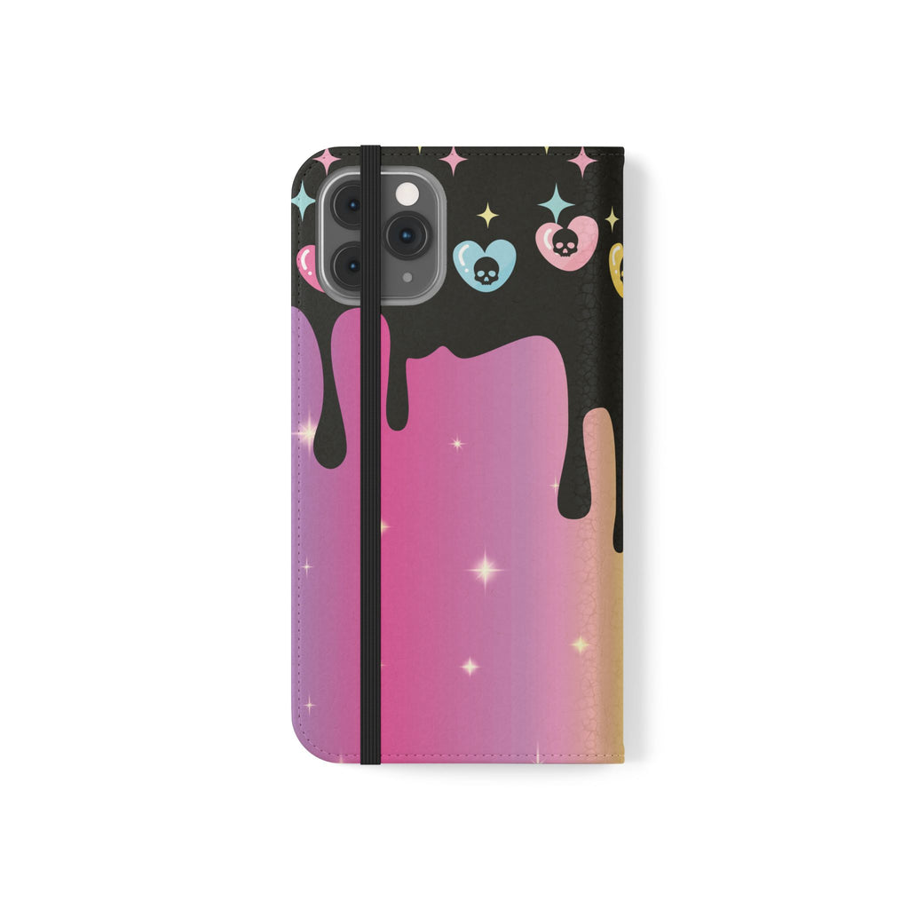 Pastel Goth Drippy Rainbow Skulls Flip Wallet Phone Case - Wallet Case for Samsung and iPhone - Gothic Style Wallet Phone Cases