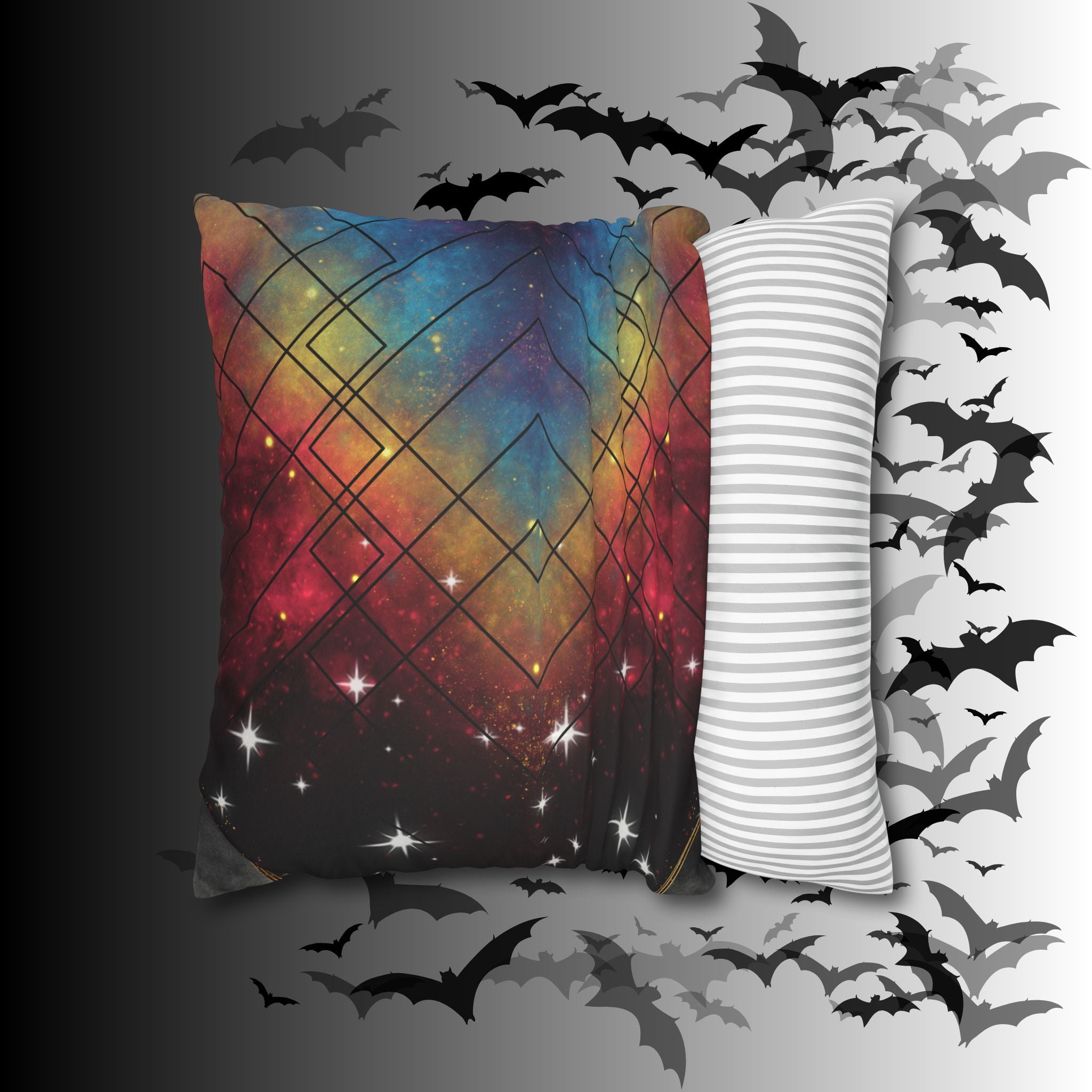 Rainbow Galaxy Geometric Throw Pillow — Celestial Cosmic Dark Home Decor