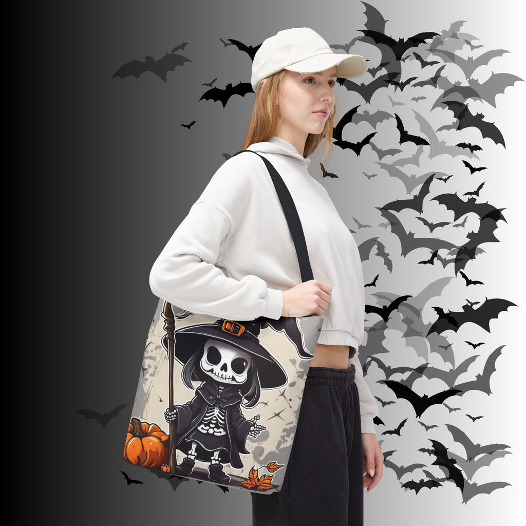 Skeleton Witch Halloween Tote Bag — Spooky Chibi Witch Print