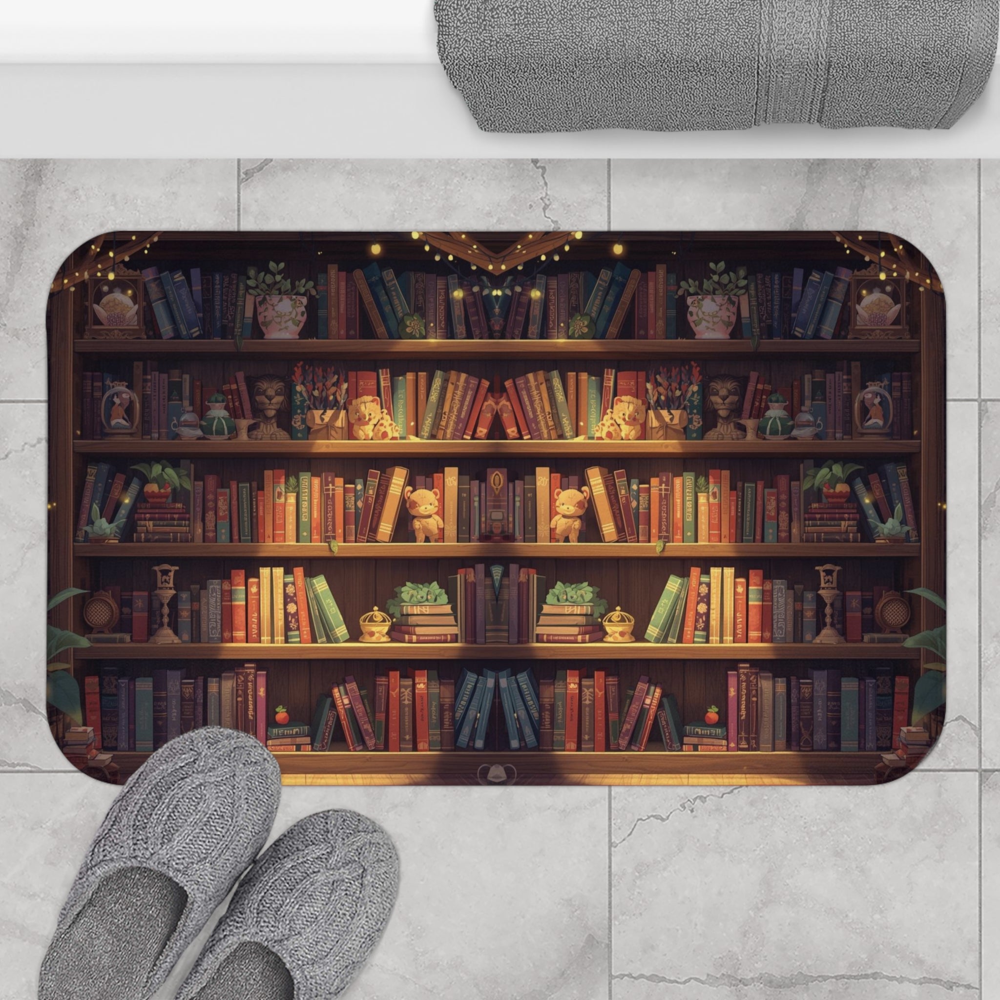 Cozy fantasy bath mat with five shelves of colorful mirrored books, bear figurines, lion bookends, flower vases, golden crown ornaments, and fairy lights in warm amber tones displayed on marble tile flooring