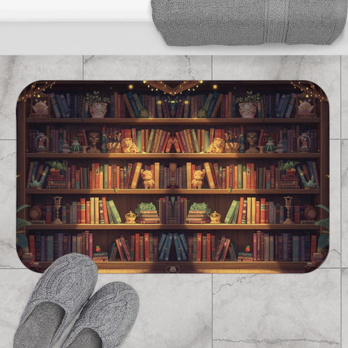 Cozy fantasy bath mat with five shelves of colorful mirrored books, bear figurines, lion bookends, flower vases, golden crown ornaments, and fairy lights in warm amber tones displayed on marble tile flooring