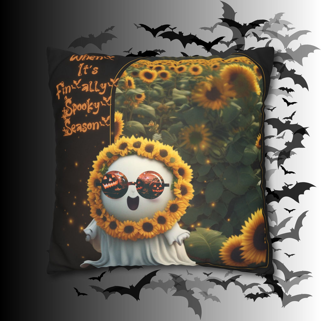 Spooky Season Ghost Sunflower Throw Pillow — Halloween Dark Home Decor