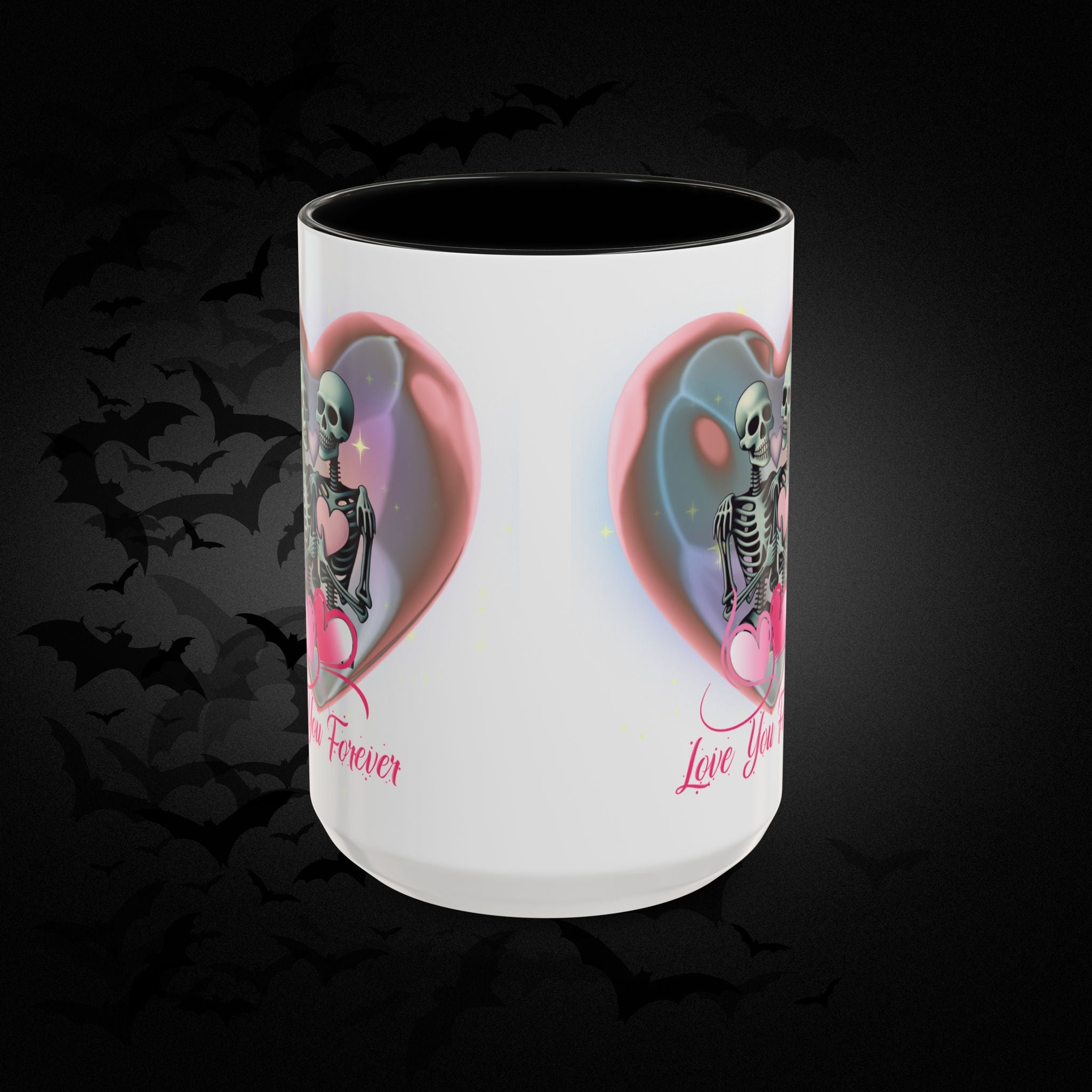 Love You Forever Valloween Coffee Mug — Skeleton Couple Heart Design (11/15oz)