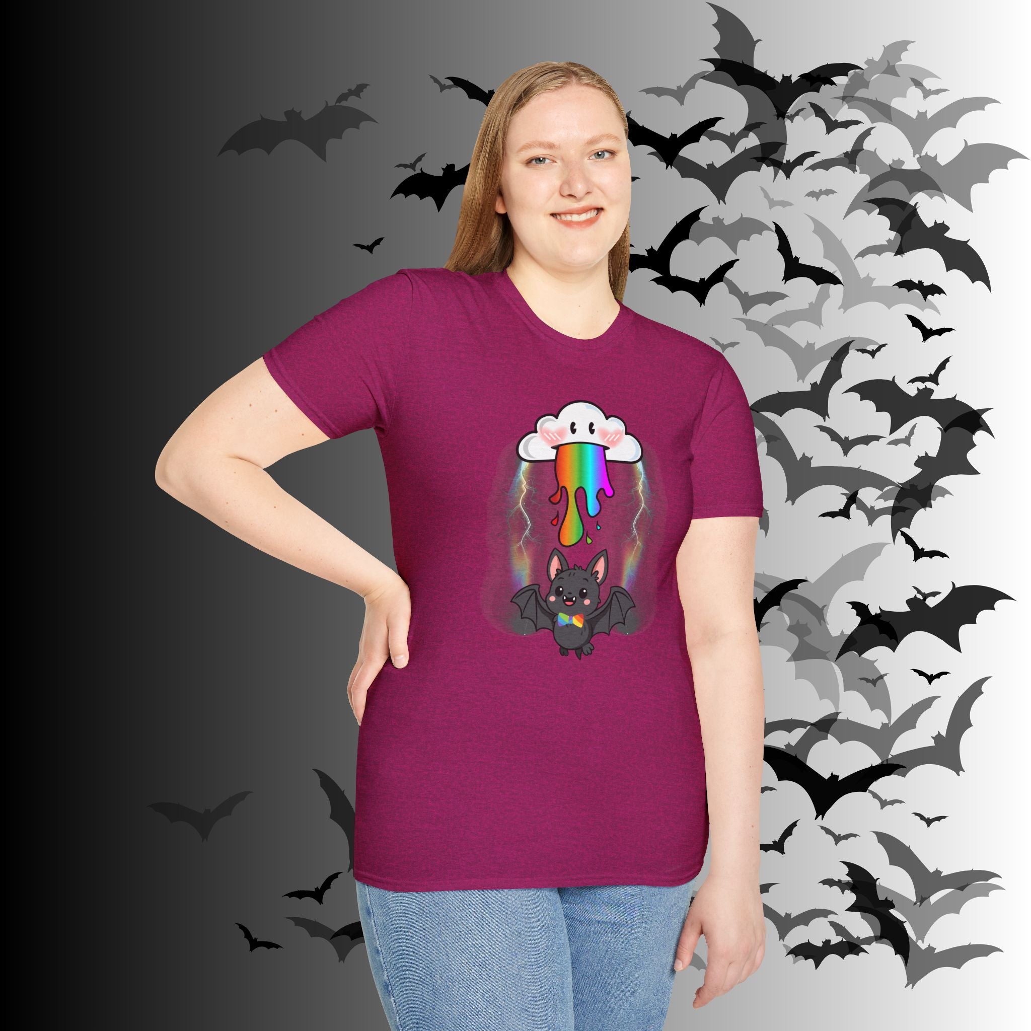 Rainbow Vomit Cloud Bat T-Shirt — Kawaii Goth Pride Unisex Tee