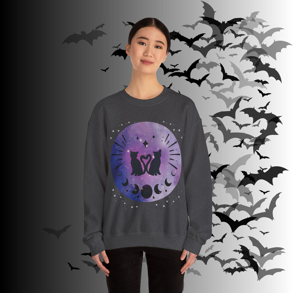 Celestial Twin Cats Heart Moon Crewneck Sweatshirt — Witchy Moon Phase