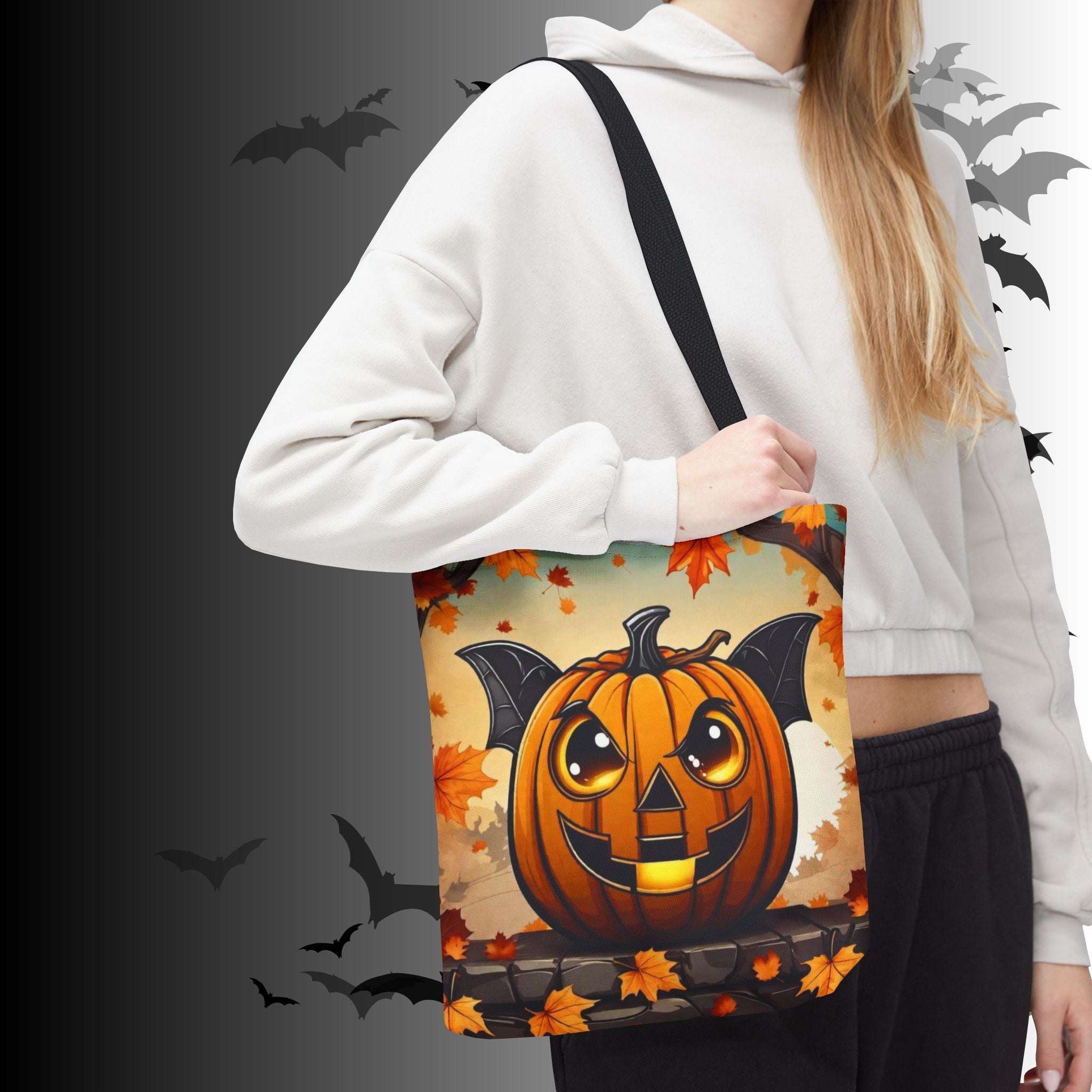 Bat Wing Jack-o'-Lantern Halloween Tote Bag — Autumn Leaves Print