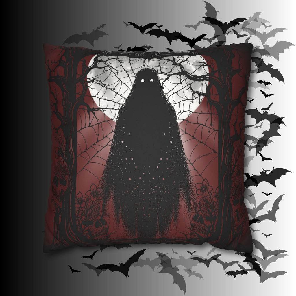 Gothic Ghost Cobweb Moon Throw Pillow — Spooky Halloween Dark Home Decor
