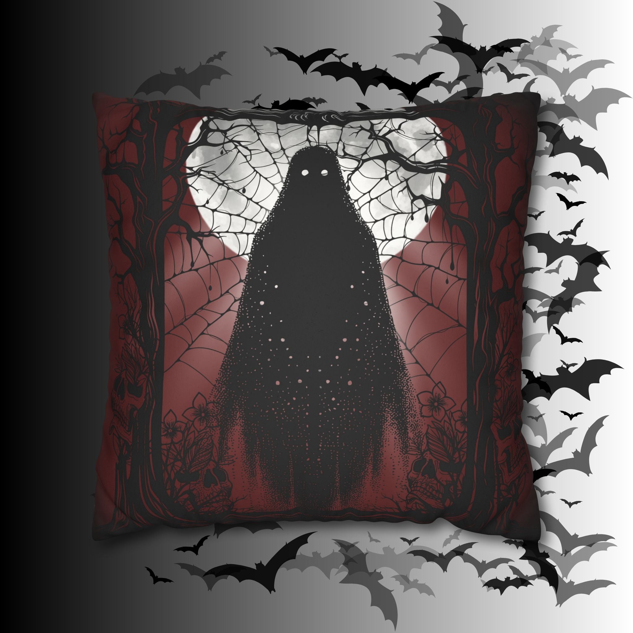 Gothic Ghost Cobweb Moon Throw Pillow — Spooky Halloween Dark Home Decor