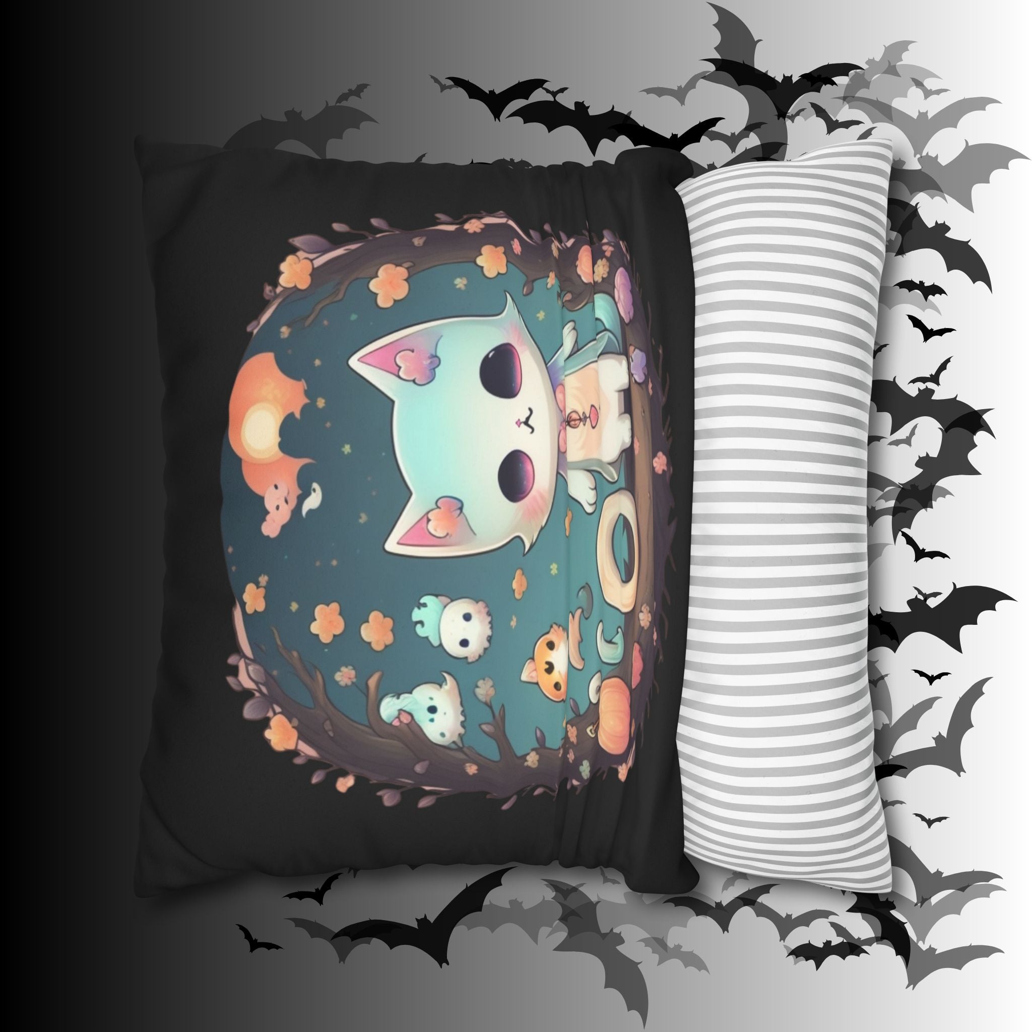 Creepy Cute Pastel Goth Cat Throw Pillow — Kawaii Halloween Dark Home Decor