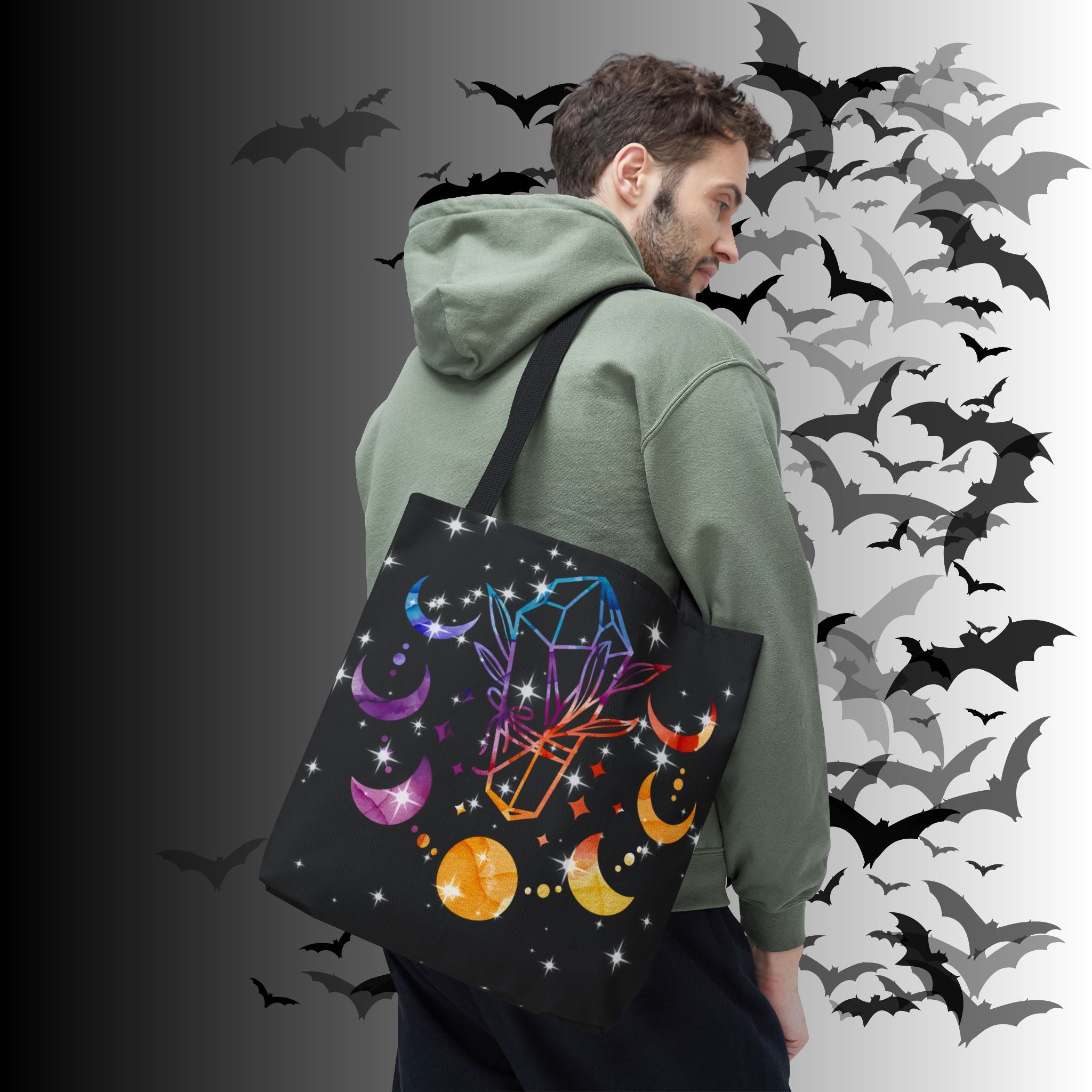 Rainbow Crystal Moon Phase Tote Bag — Celestial Witchy Print