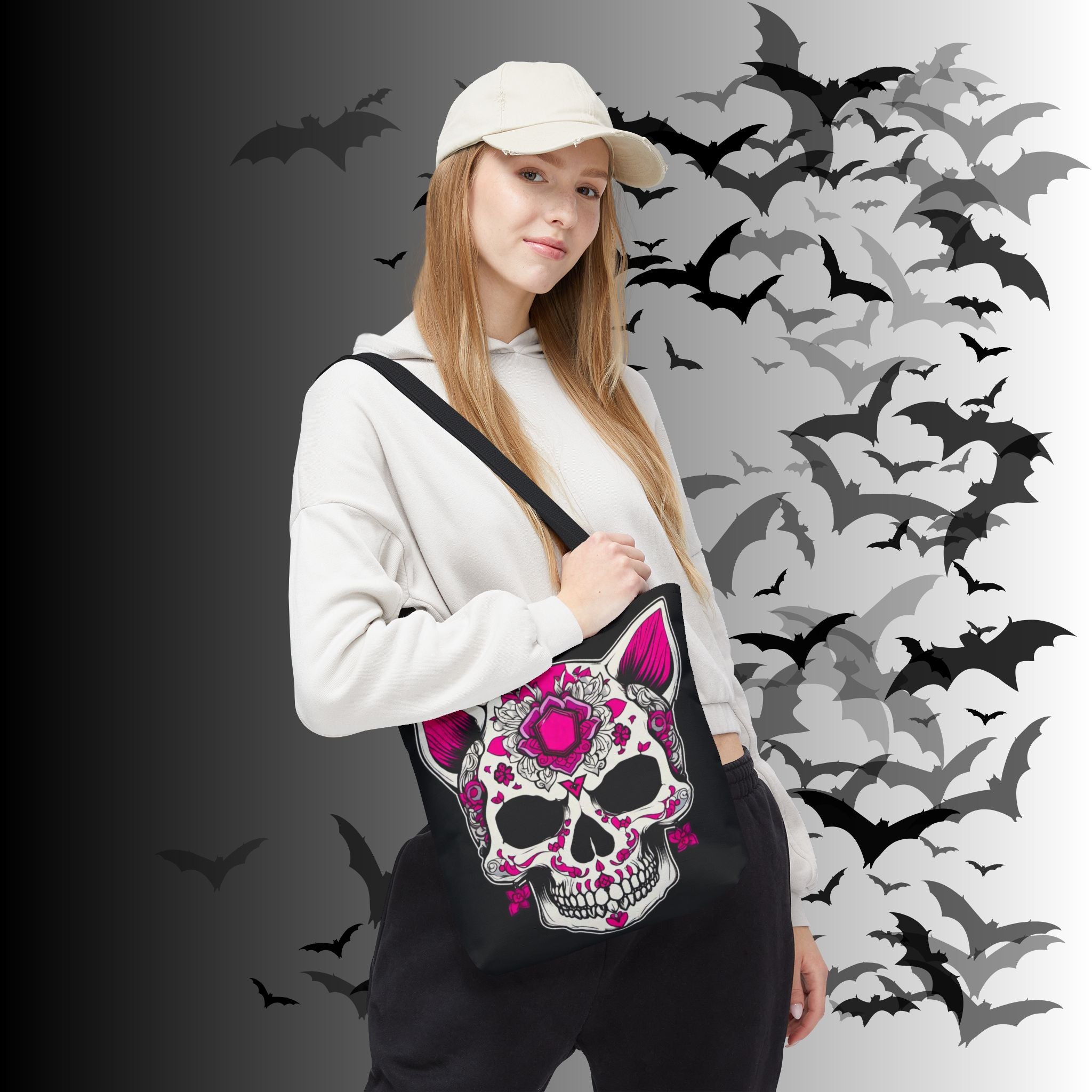 Pink Sugar Skull Cat Tote Bag — Day of the Dead Floral Design