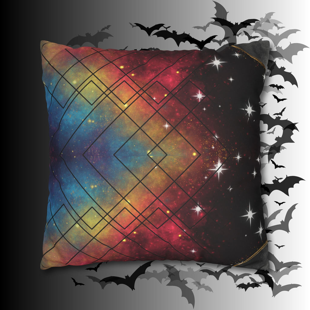 Rainbow Galaxy Geometric Throw Pillow — Celestial Cosmic Dark Home Decor