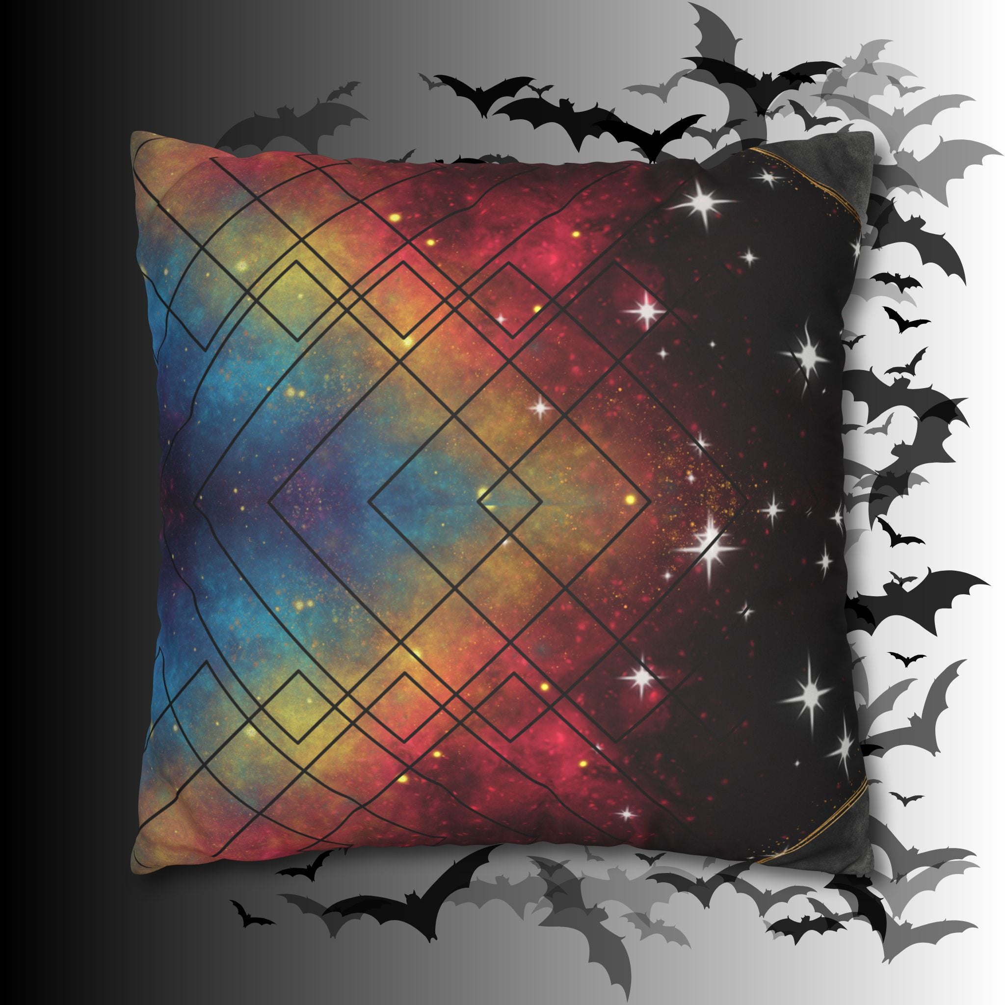 Rainbow Galaxy Geometric Throw Pillow — Celestial Cosmic Dark Home Decor