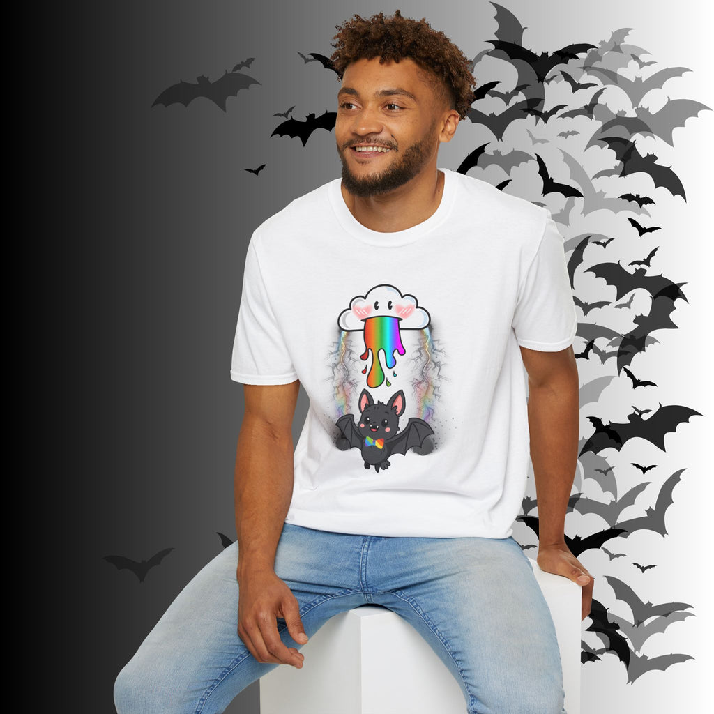 Rainbow Vomit Cloud Bat T-Shirt — Kawaii Goth Pride Unisex Tee