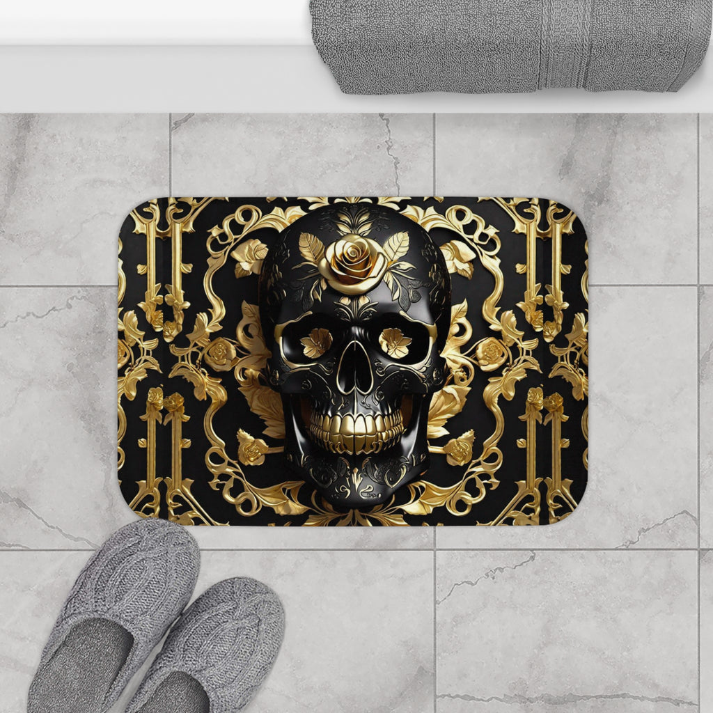 Gothic Black & Gold Skull Bath Mat — Luxury Baroque Bathroom Decor