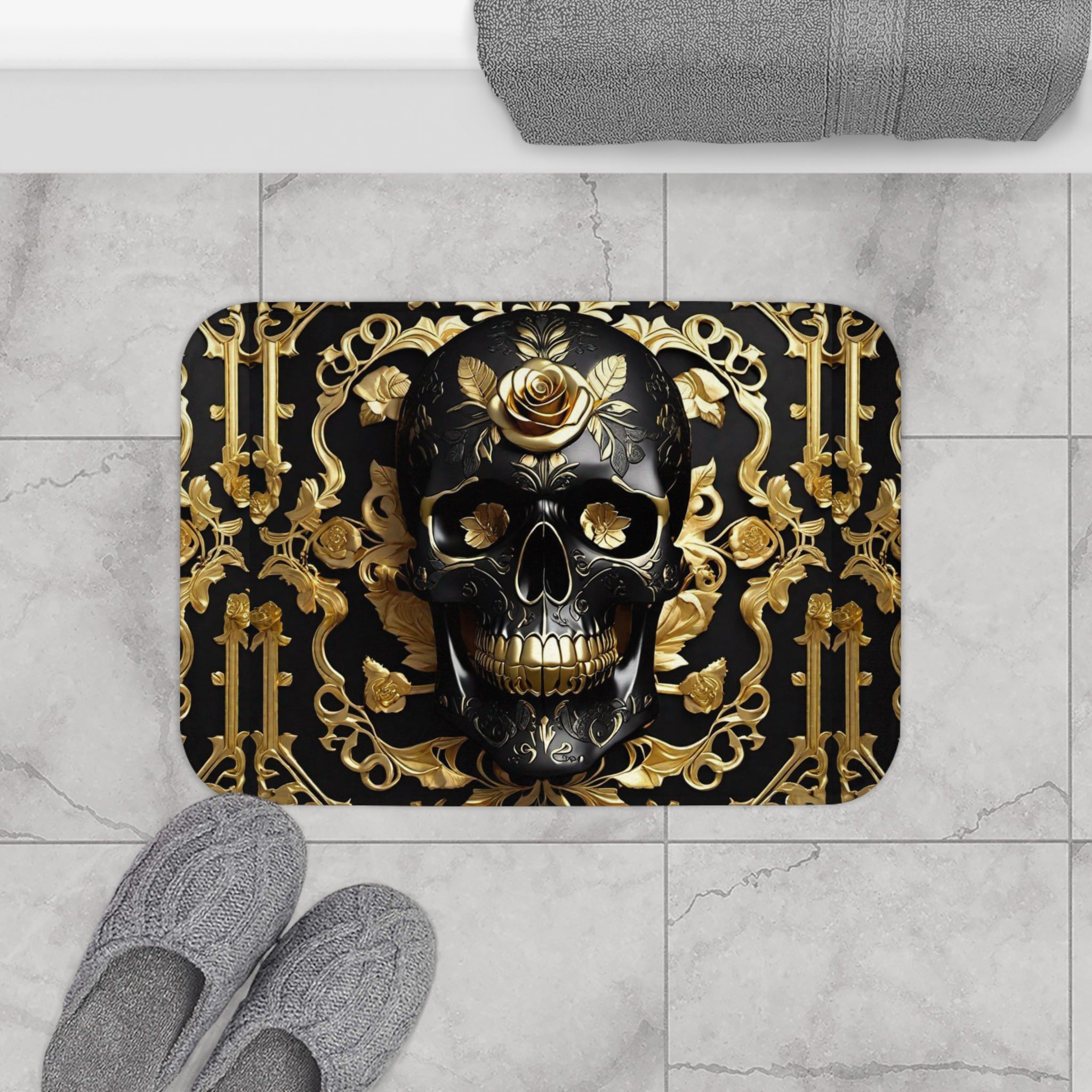 Gothic Black & Gold Skull Bath Mat — Luxury Baroque Bathroom Decor