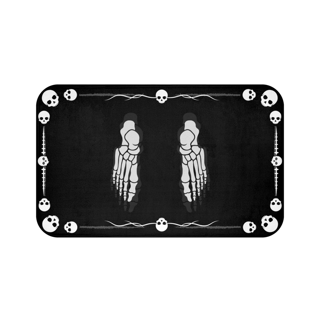 Skeleton Footprints Bath Mat — Gothic Skull Border Black Bathroom Decor