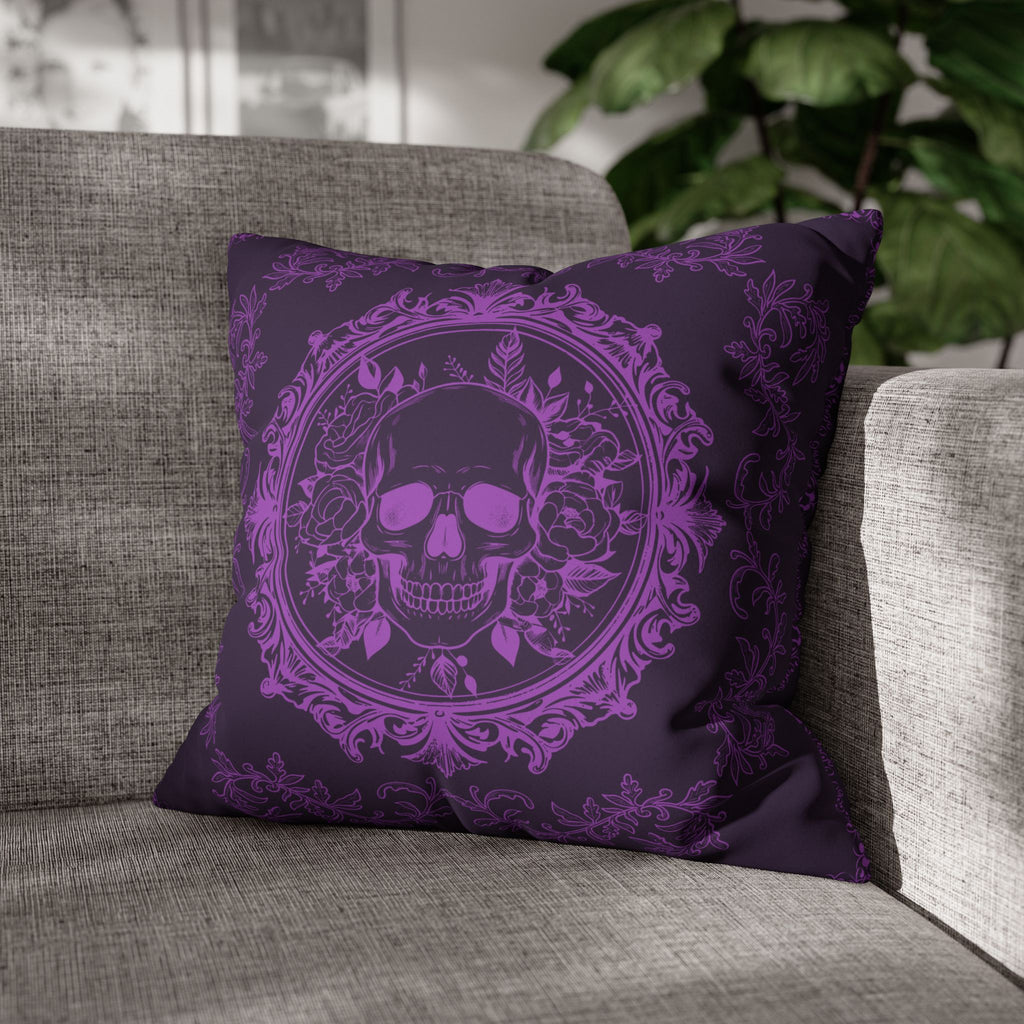 Purple Gothic Floral Skull Throw Pillow — Baroque Botanical Dark Home Decor