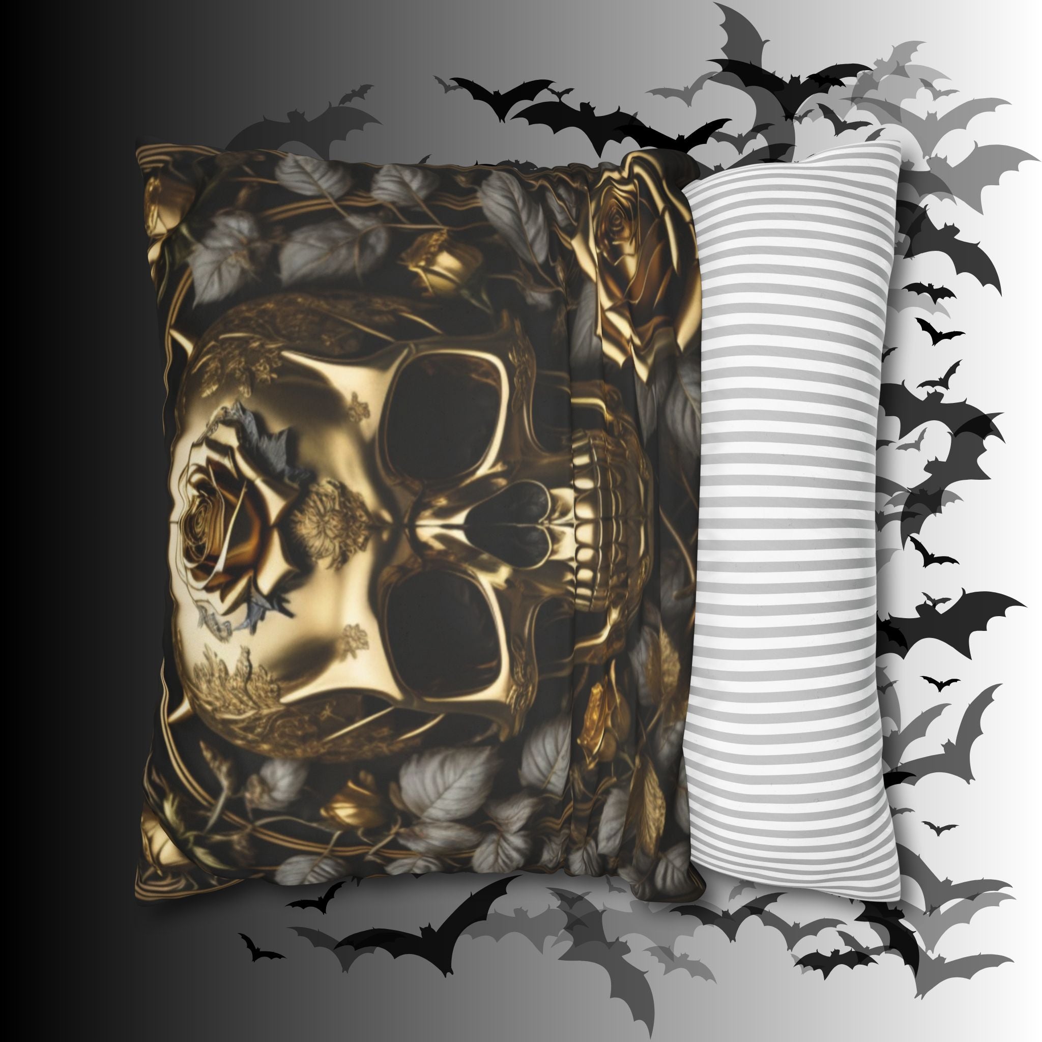 Gothic Gold Black Rose Skull Throw Pillow — Dark Floral Botanical Home Decor