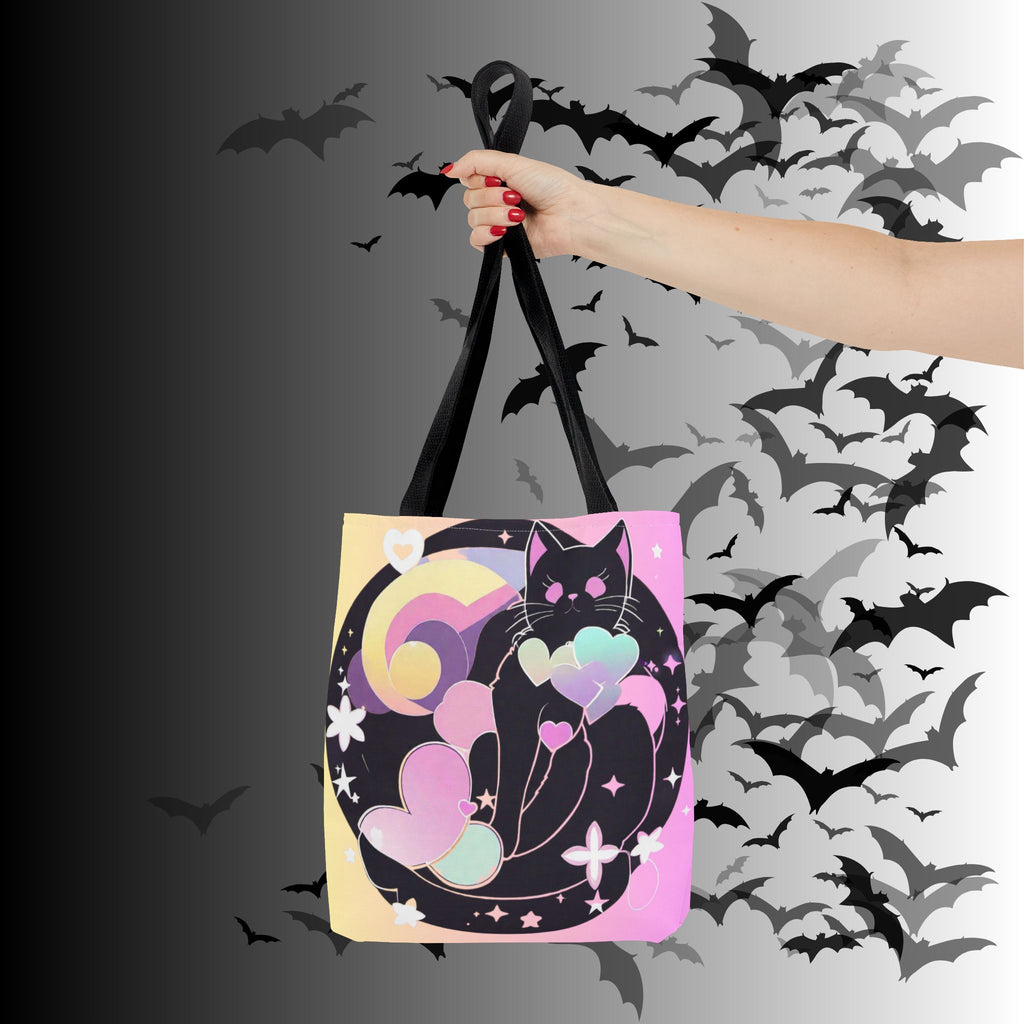 Pastel Goth Black Cat Heart Balloon Tote Bag — Kawaii Moon Print