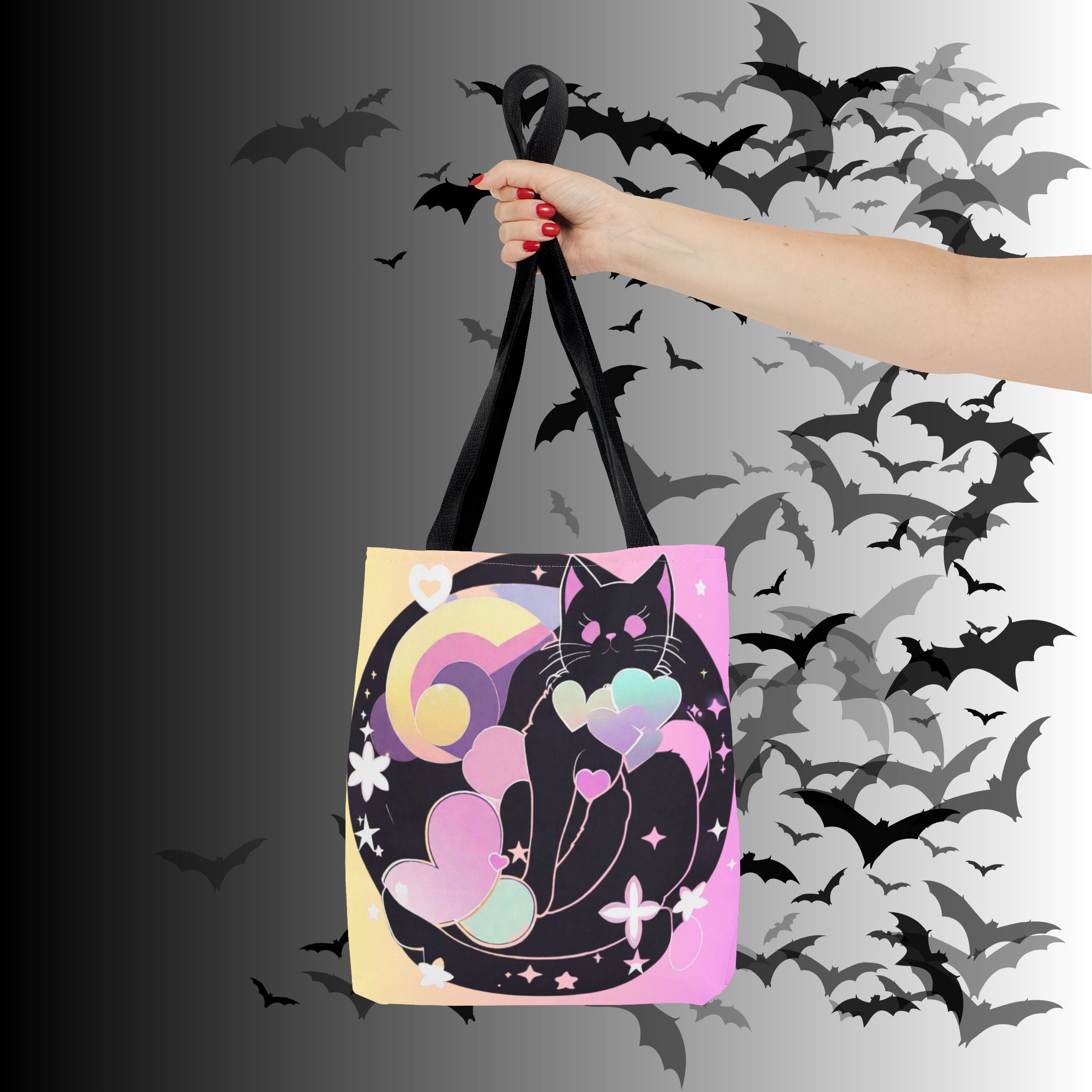 Pastel Goth Black Cat Heart Balloon Tote Bag — Kawaii Moon Print