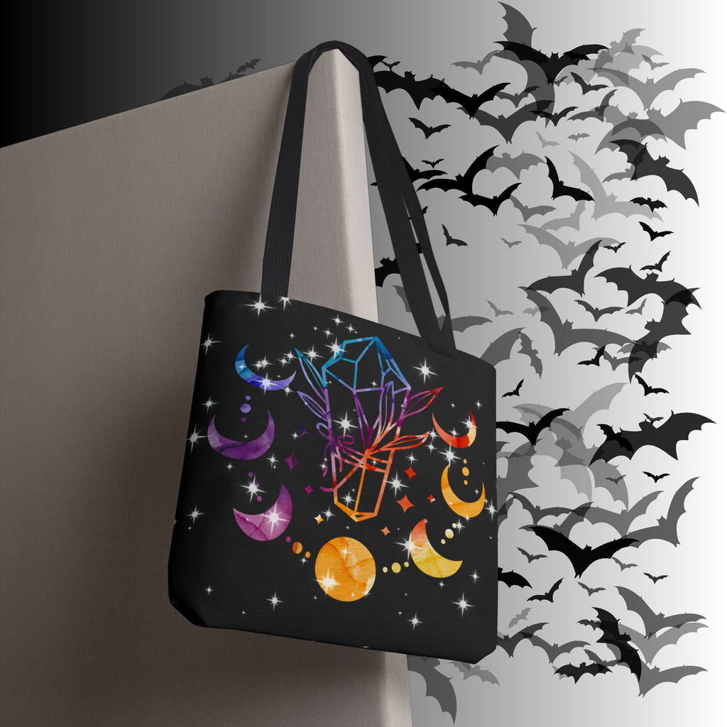 Rainbow Crystal Moon Phase Tote Bag — Celestial Witchy Print