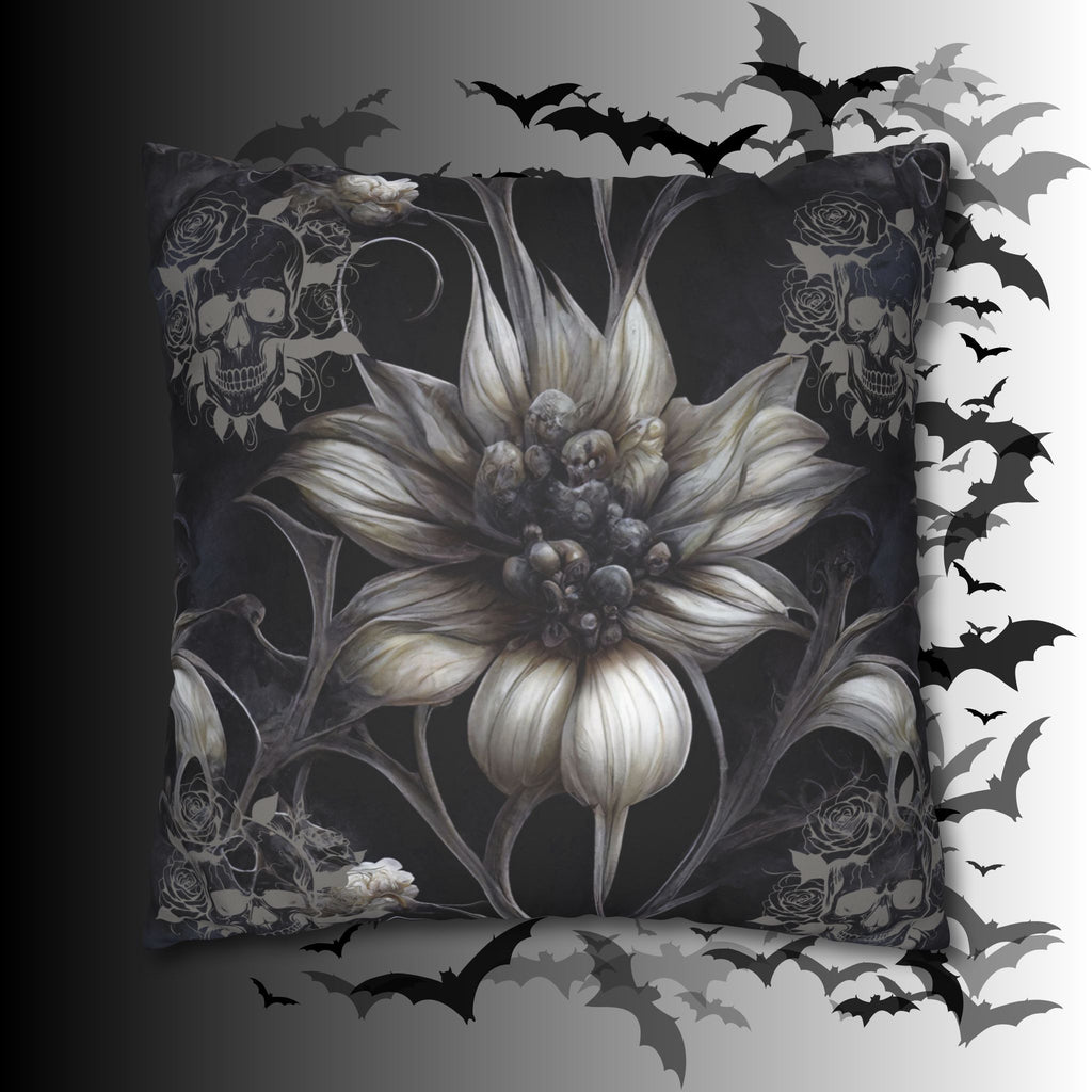 Gothic Skull Botanical Sunflower Throw Pillow — Dark Floral Home Decor