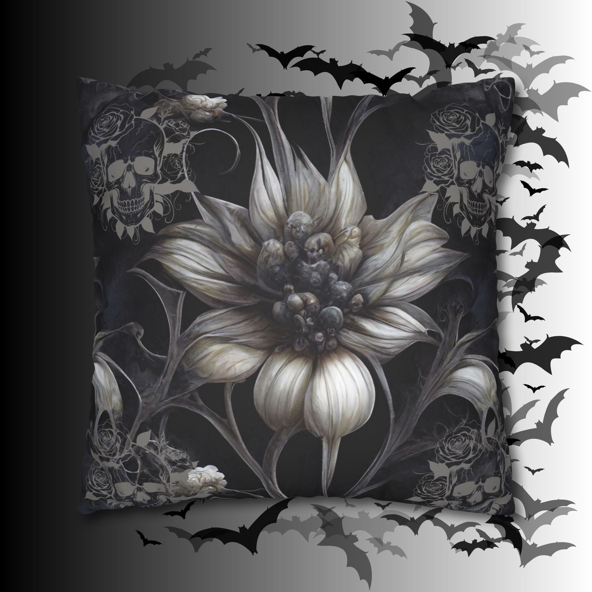 Gothic Skull Botanical Sunflower Throw Pillow — Dark Floral Home Decor