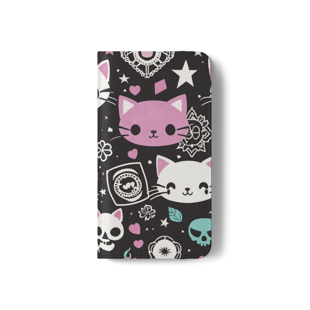 Pastel Goth Cat Flip Wallet Phone Case - Goth Cat Wallet Case for Samsung iPhone - Gothic Style Cats Wallet Phone Cases
