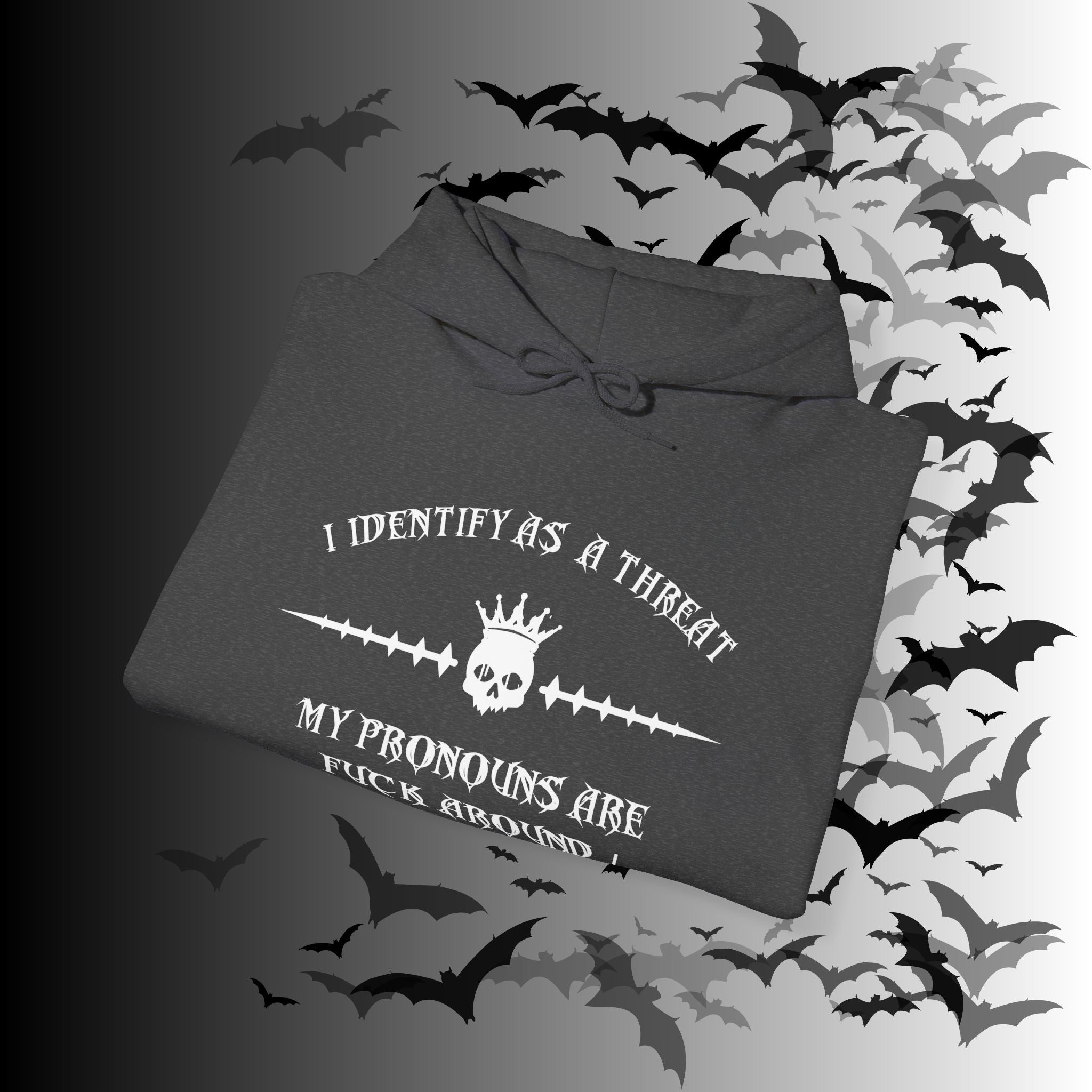 I Identify As a Threat Hoodie — Gothic Skull Sleeve Print FAFO Black