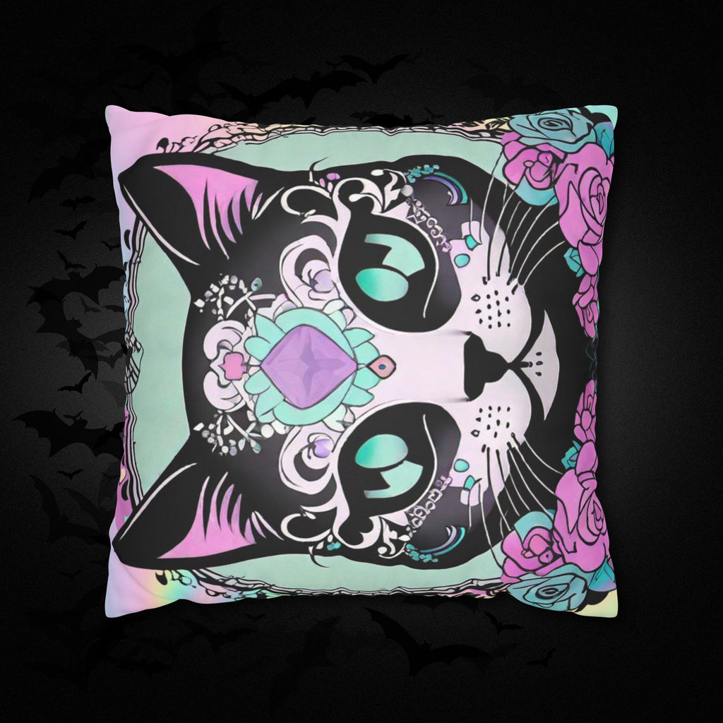 Pastel Goth Sugar Skull Cat Throw Pillow — Floral Gothic Home Decor