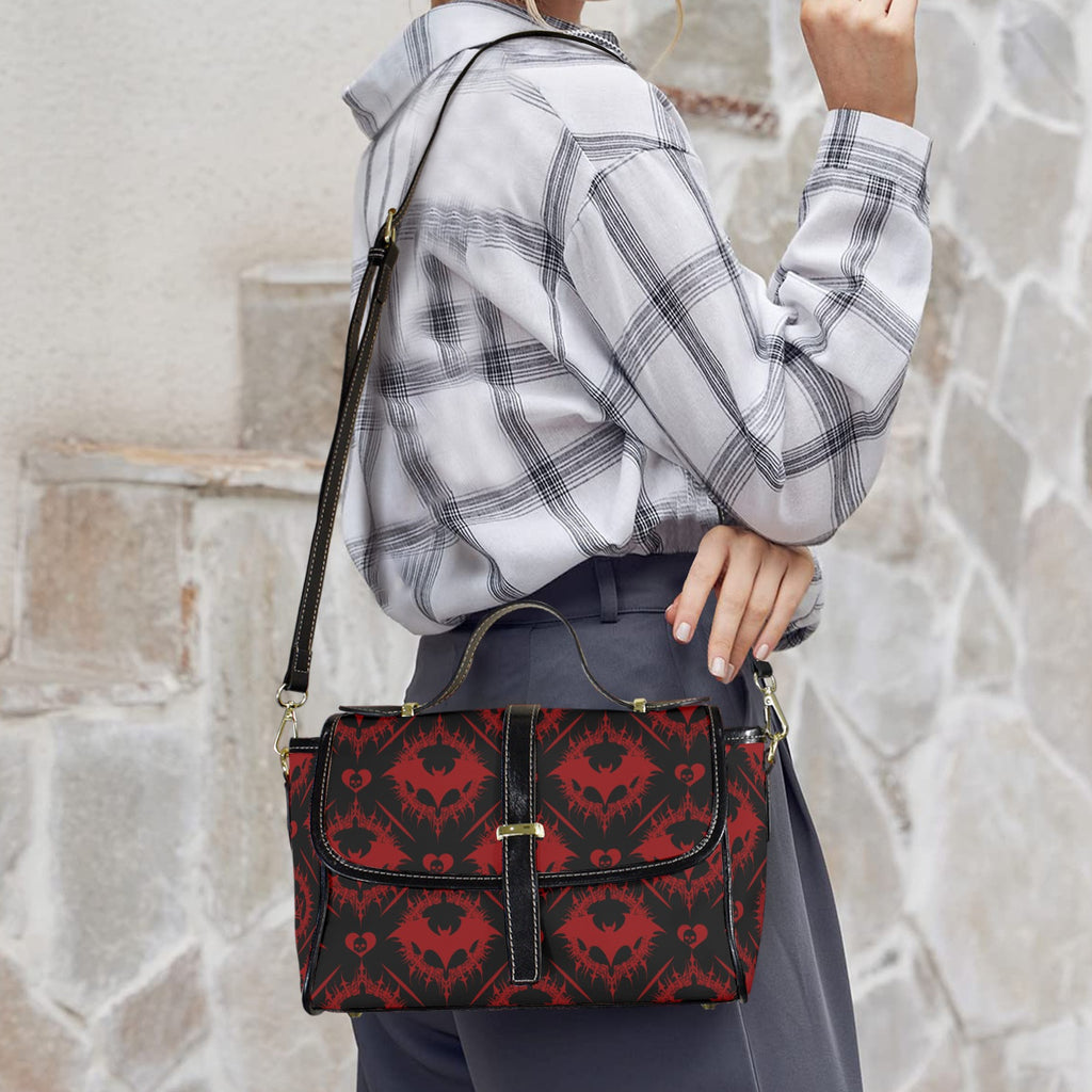 Gothic Bat Pattern Crossbody Bag | Red & Black Damask Waterproof Canvas Satchel Purse