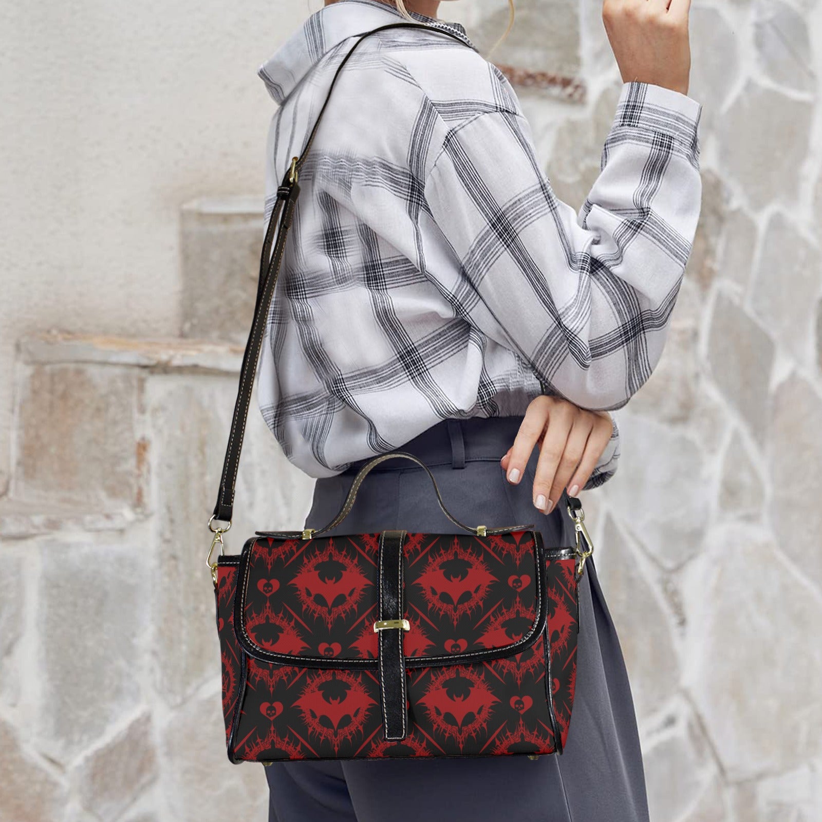 Gothic Bat Pattern Crossbody Bag | Red & Black Damask Waterproof Canvas Satchel Purse
