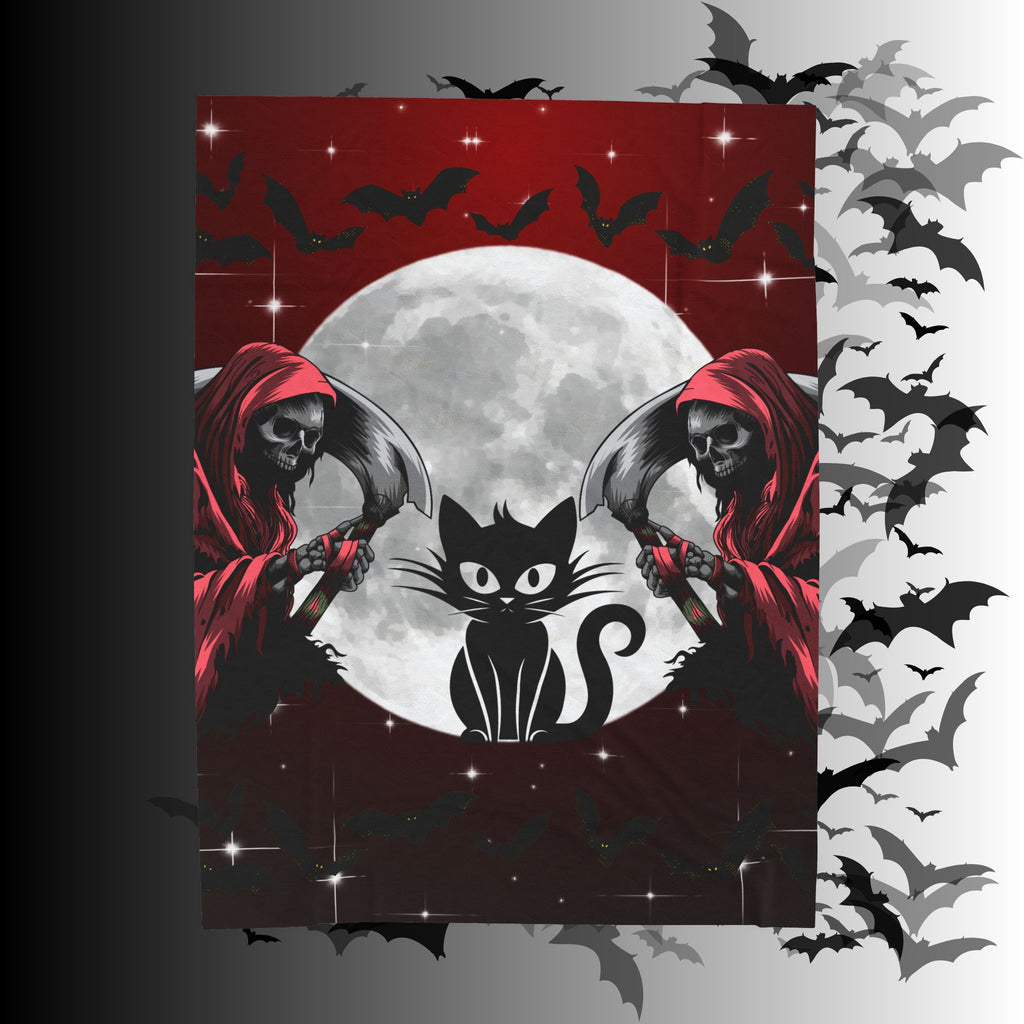 Gothic Black Cat Grim Reaper Throw Blanket — Moonlit Dark Home Decor