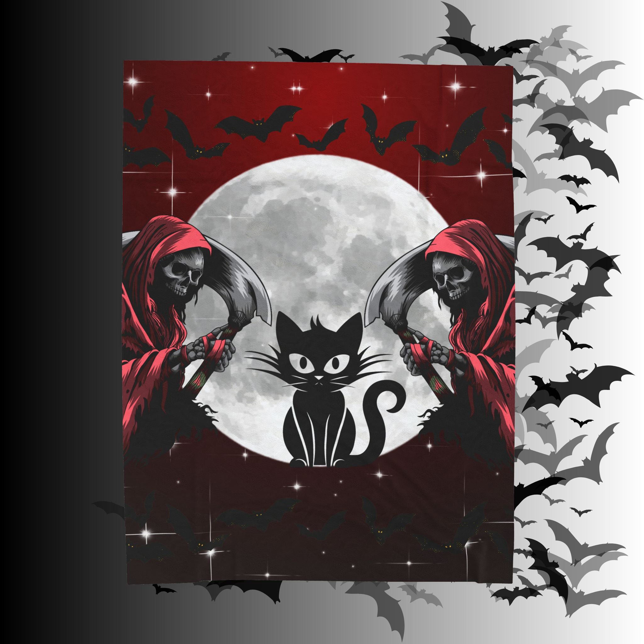 Gothic Black Cat Grim Reaper Throw Blanket — Moonlit Dark Home Decor