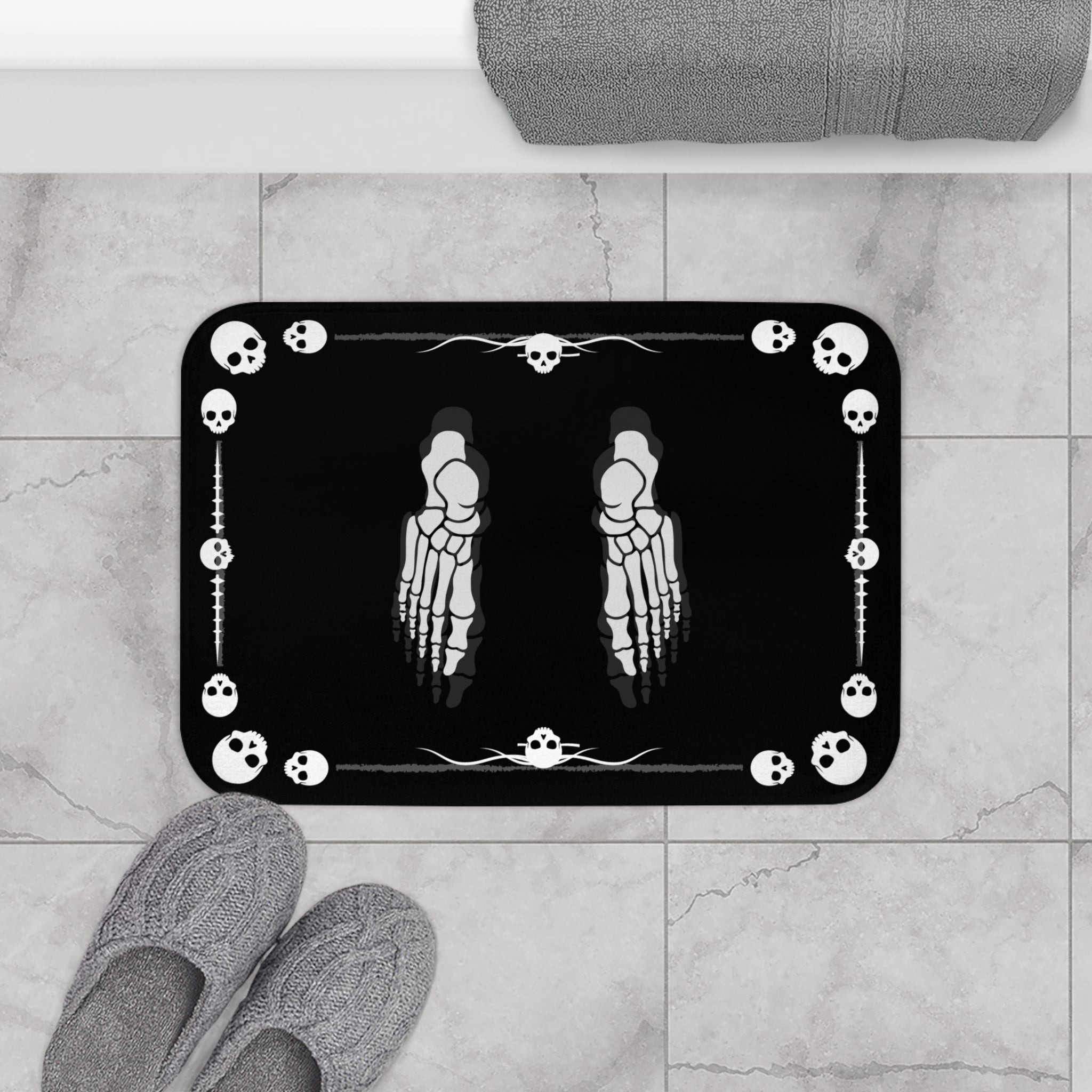 Skeleton Footprints Bath Mat — Gothic Skull Border Black Bathroom Decor