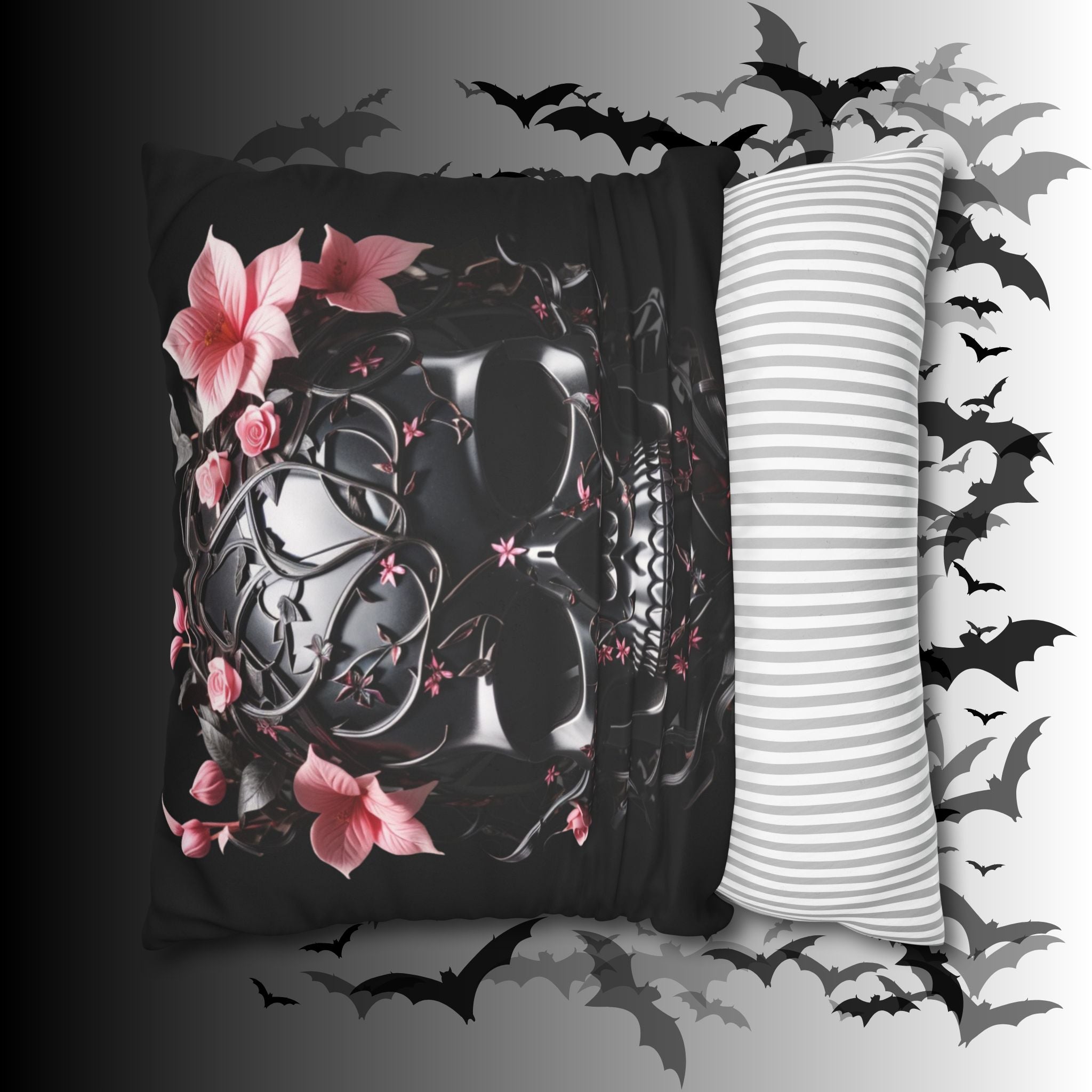 Gothic Botanical Skull Throw Pillow — Dark Floral Pastel Goth Home Decor