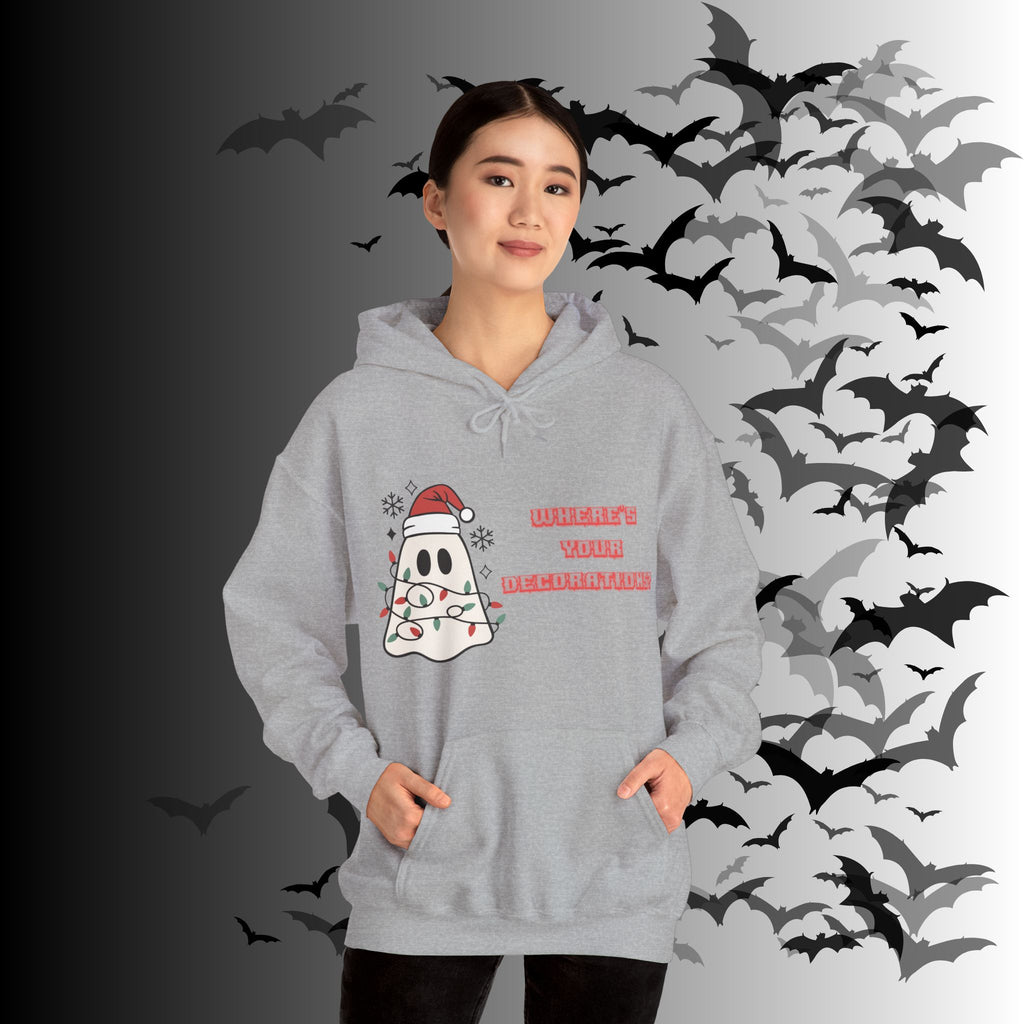Where's Your Decorations Ghost Hoodie — Funny Gothic Christmas Pullover