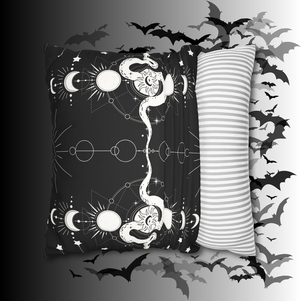 Celestial Snake Moon Phases Throw Pillow — Witchy Gothic Dark Home Decor