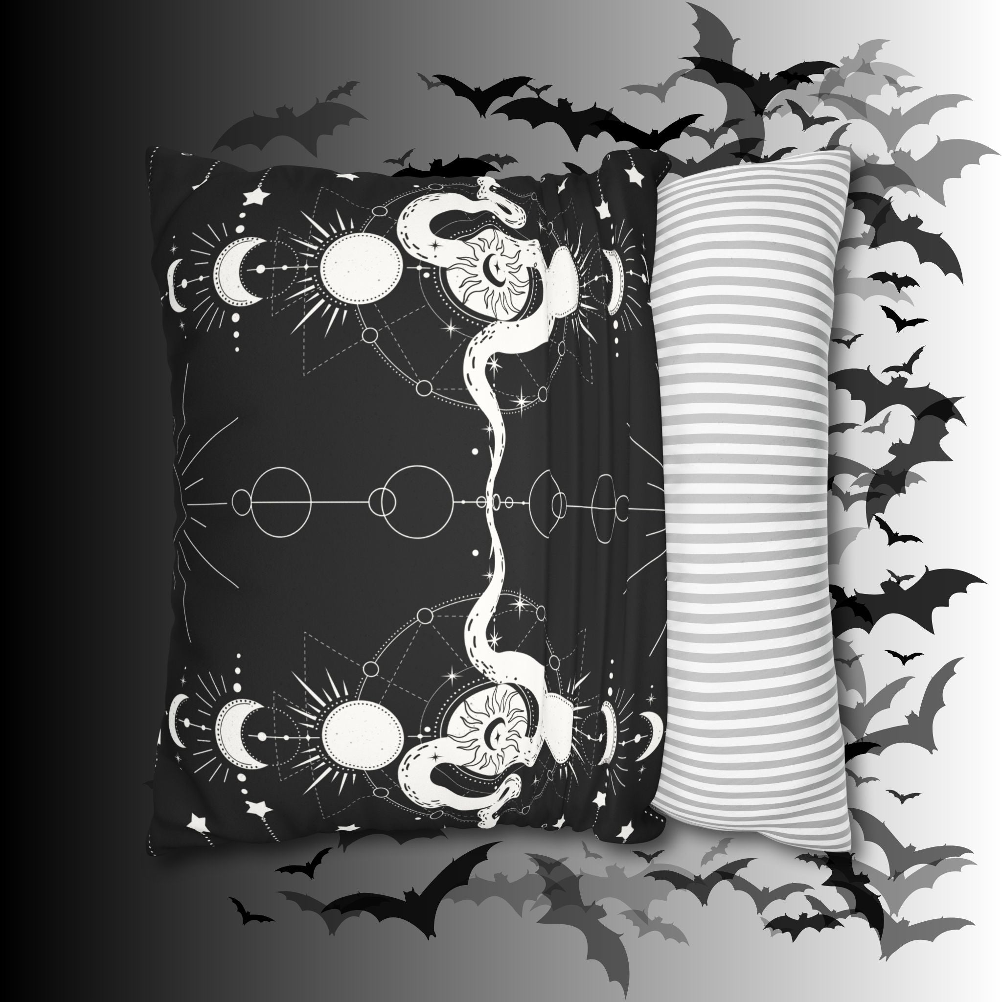 Celestial Snake Moon Phases Throw Pillow — Witchy Gothic Dark Home Decor
