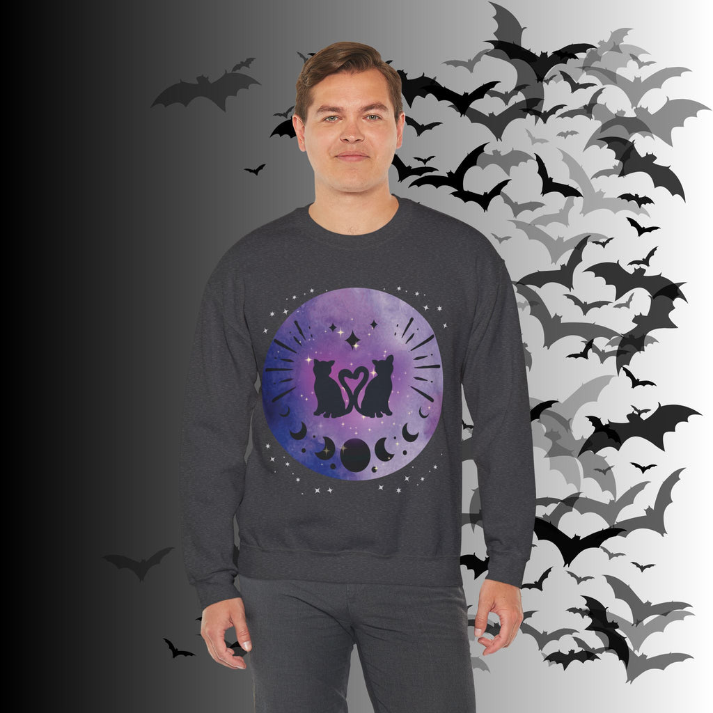 Celestial Twin Cats Heart Moon Crewneck Sweatshirt — Witchy Moon Phase