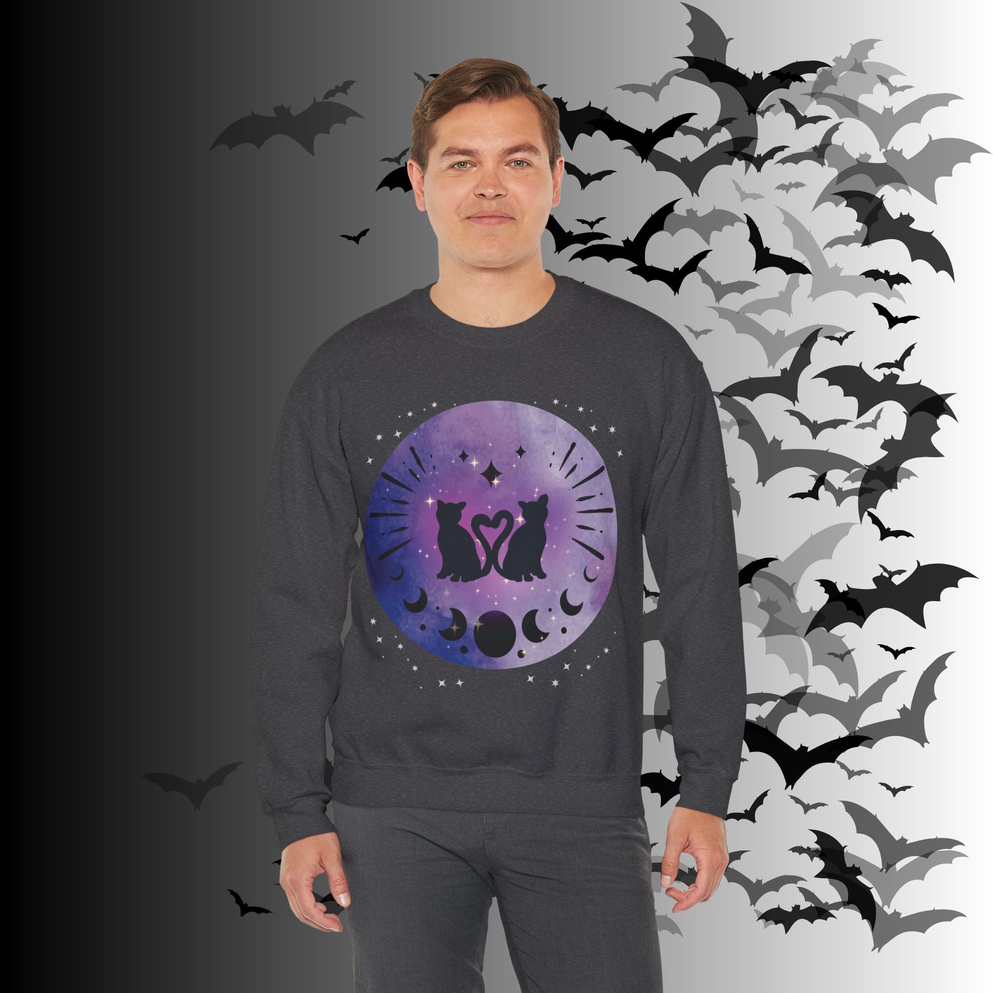 Celestial Twin Cats Heart Moon Crewneck Sweatshirt — Witchy Moon Phase