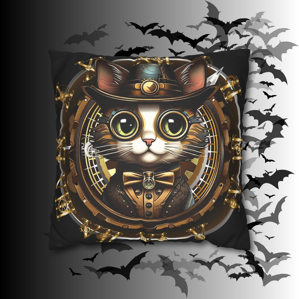 Steampunk Cat Throw Pillow — Vintage Industrial Gothic Home Decor