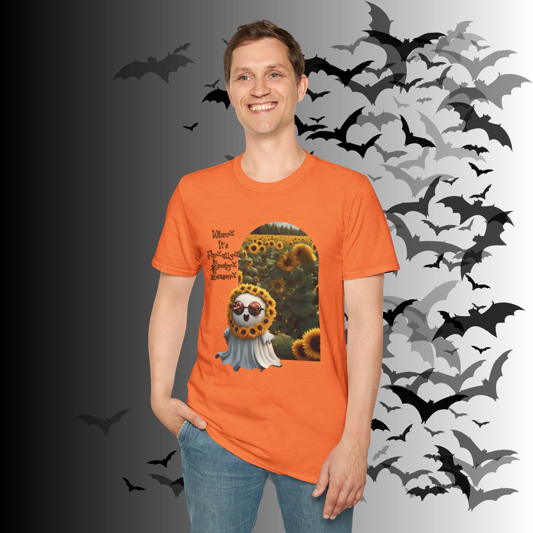 "When It's Finally Spooky Season" Ghost Sunflower T-Shirt — Halloween Tee
