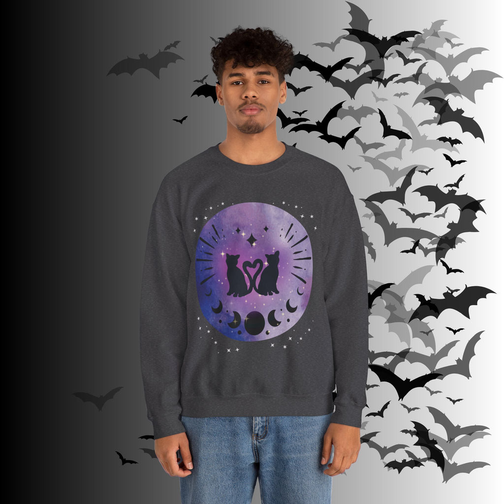 Celestial Twin Cats Heart Moon Crewneck Sweatshirt — Witchy Moon Phase
