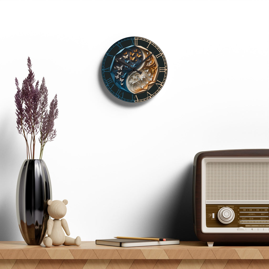 Origami Style Yin Yang Butterfly Acrylic Art Print Wall Clock Blue Gold — NOT Real Origami, Zen Home Decor