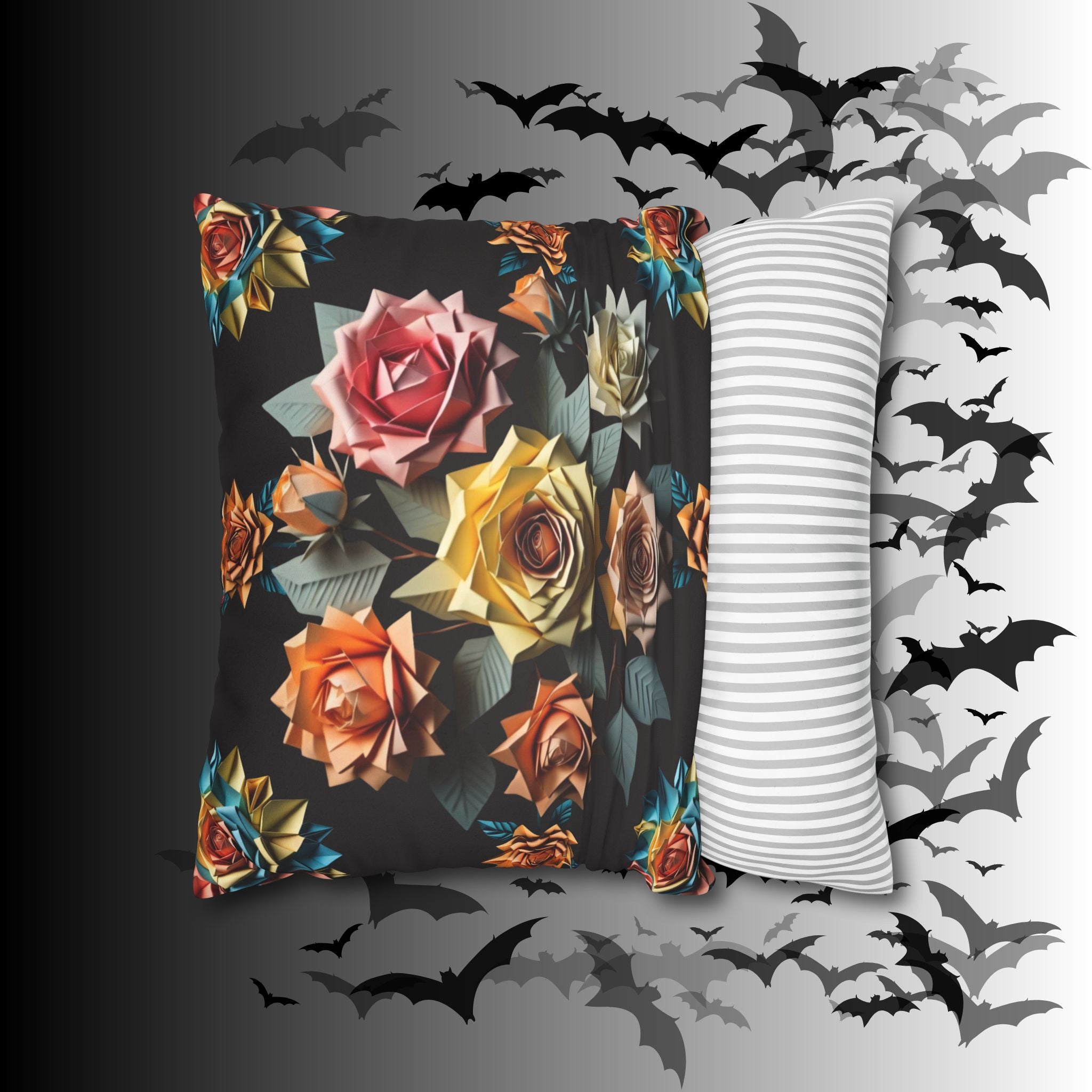 Gothic Origami Rose Throw Pillow — Dark Floral Botanical Home Decor