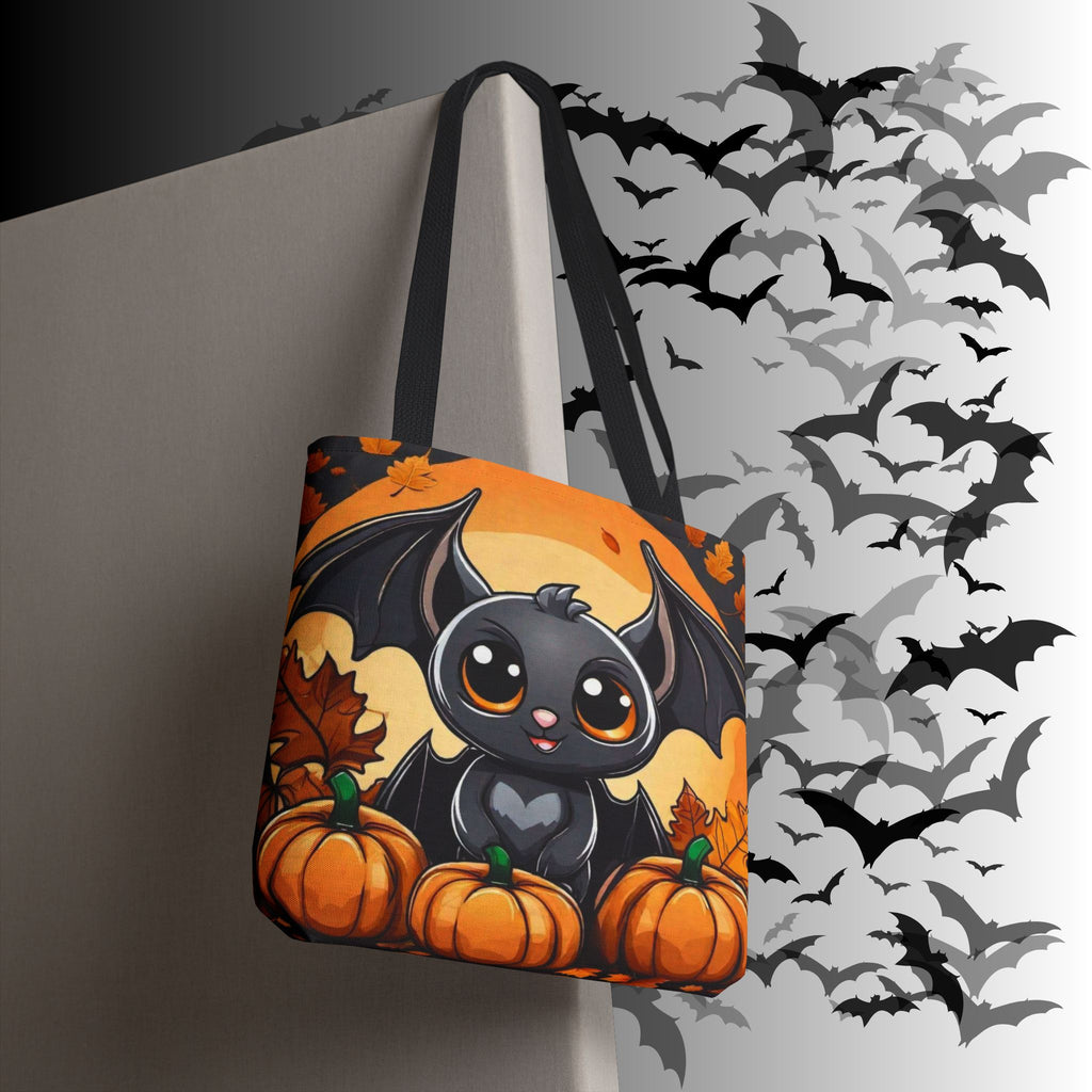 Kawaii Bat & Pumpkin Halloween Tote Bag — Autumn Full Moon Print