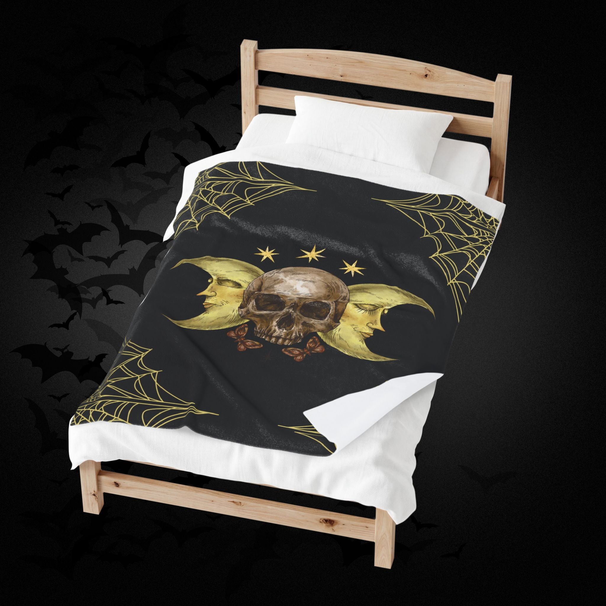 Gothic Gold Moon Skull Throw Blanket — Moonlit Halloween Home Decor
