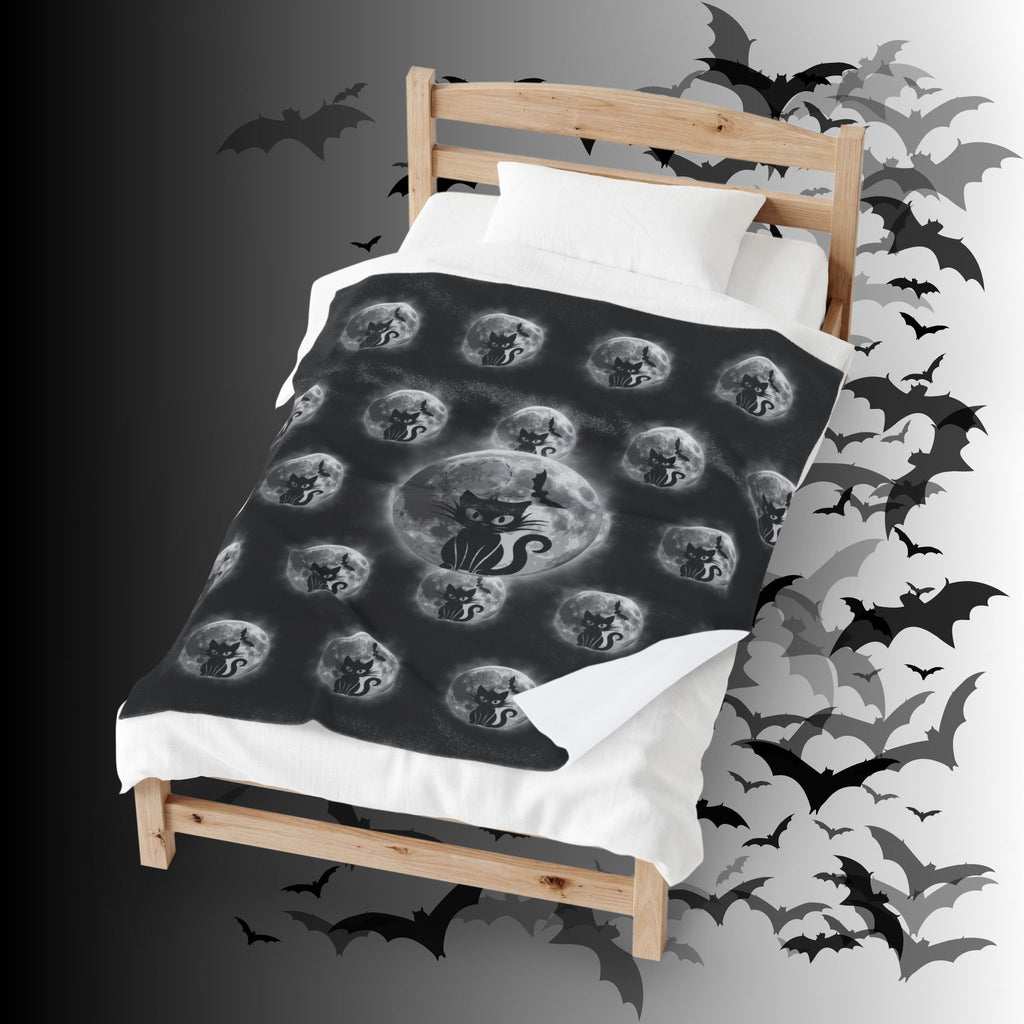 Gothic Black Cat Throw Blanket — Full Moon Bat Dark Home Decor